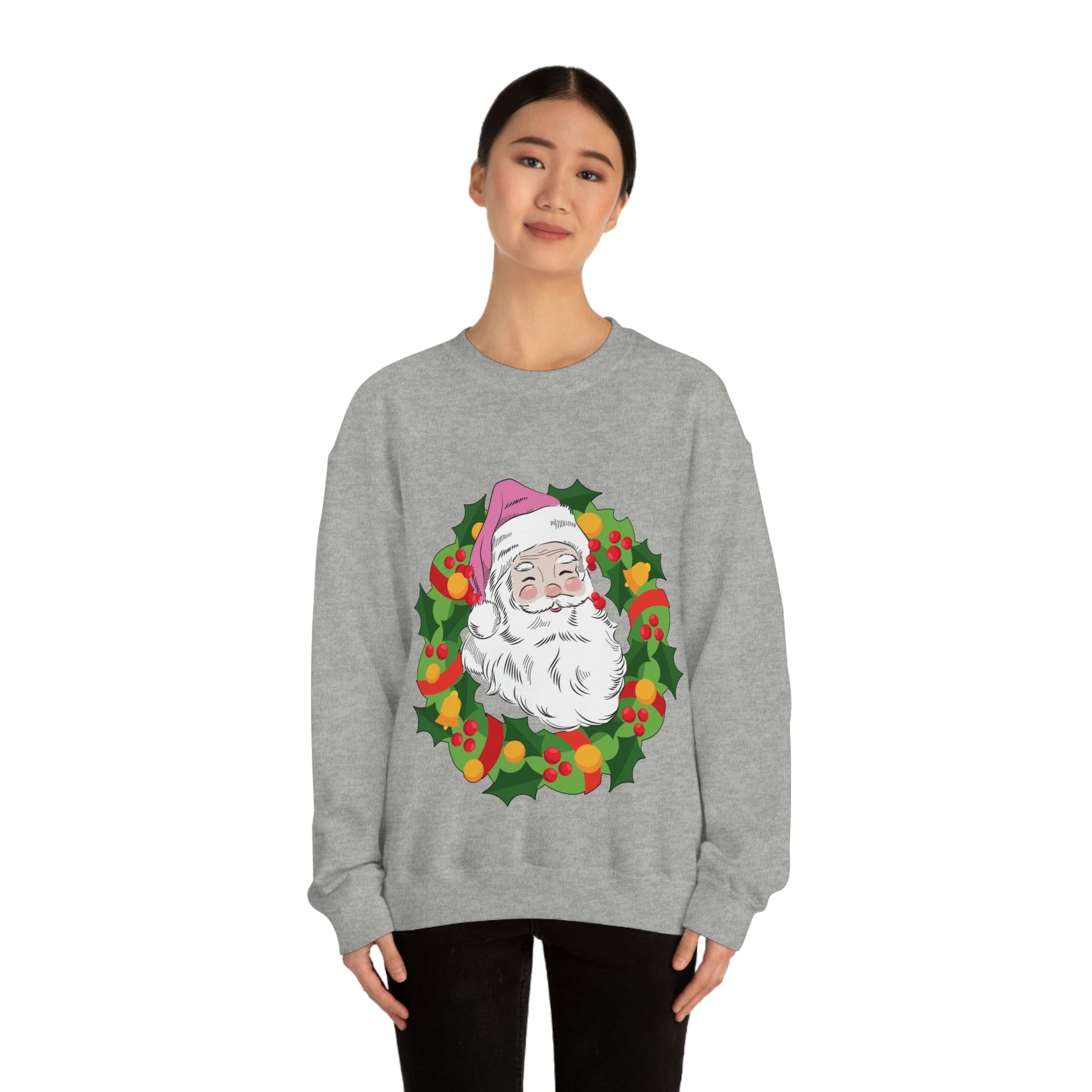 Vintage Retro Pink Santa Christmas Wreath Unisex Heavy Blend™ Crewneck Sweatshirt Ichaku [Perfect Gifts Selection]