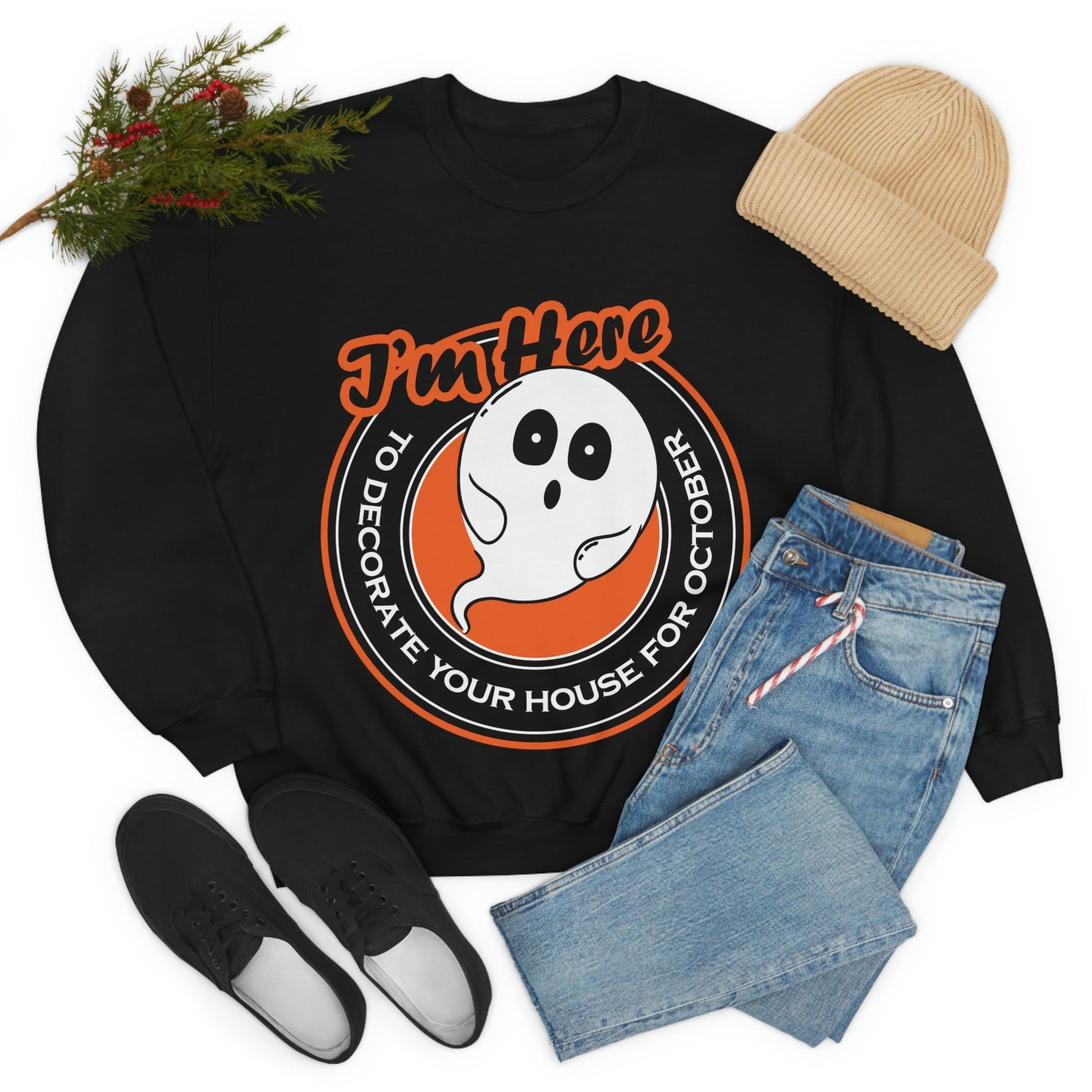 White Ghost I'm Here To Decorate Your House For October Unisex Heavy Blend™ Crewneck Sweatshirt Ichaku [Perfect Gifts Selection]