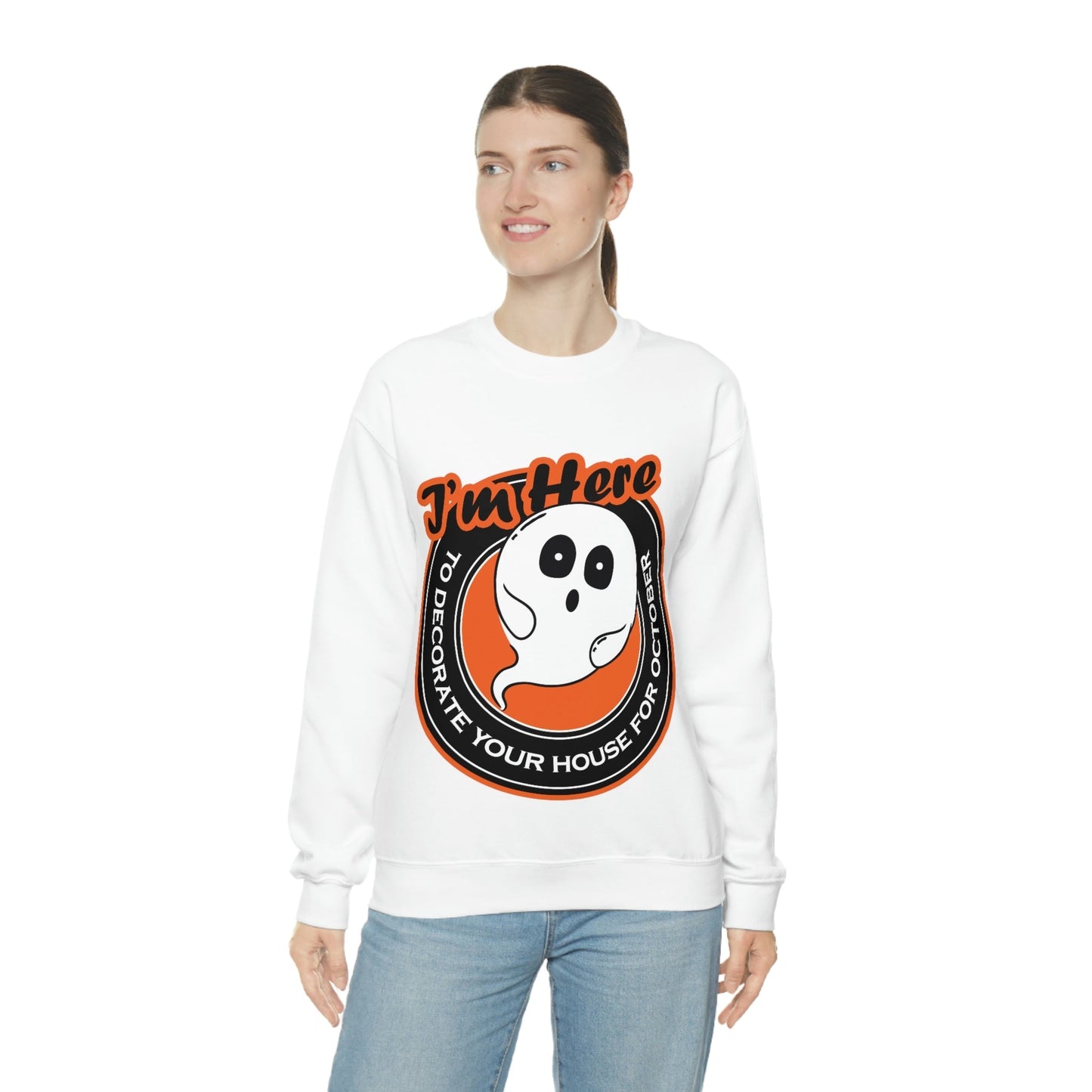 White Ghost I'm Here To Decorate Your House For October Unisex Heavy Blend™ Crewneck Sweatshirt Ichaku [Perfect Gifts Selection]