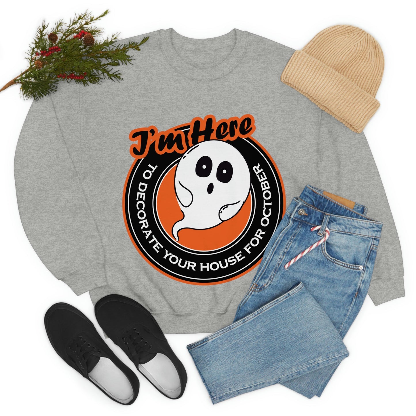 White Ghost I'm Here To Decorate Your House For October Unisex Heavy Blend™ Crewneck Sweatshirt Ichaku [Perfect Gifts Selection]