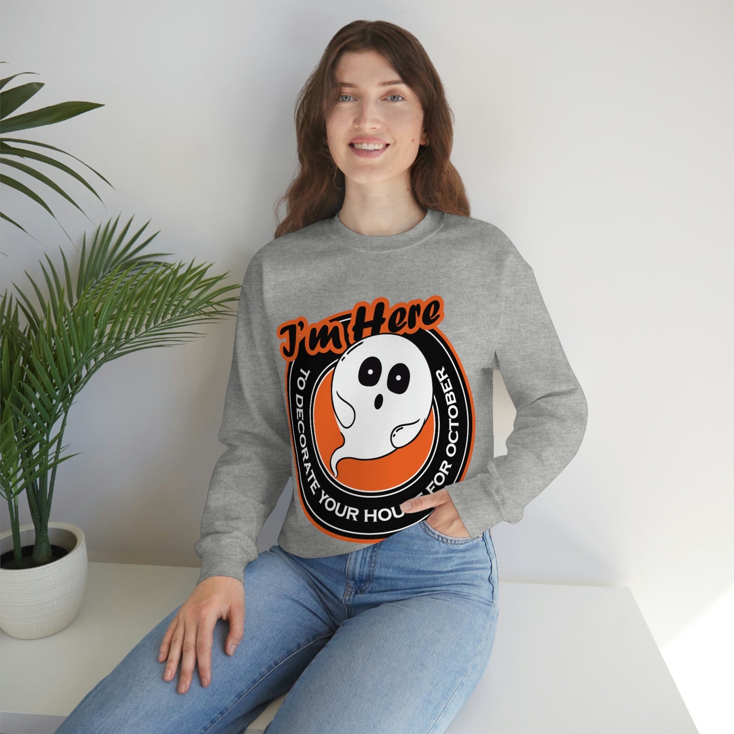 White Ghost I'm Here To Decorate Your House For October Unisex Heavy Blend™ Crewneck Sweatshirt Ichaku [Perfect Gifts Selection]