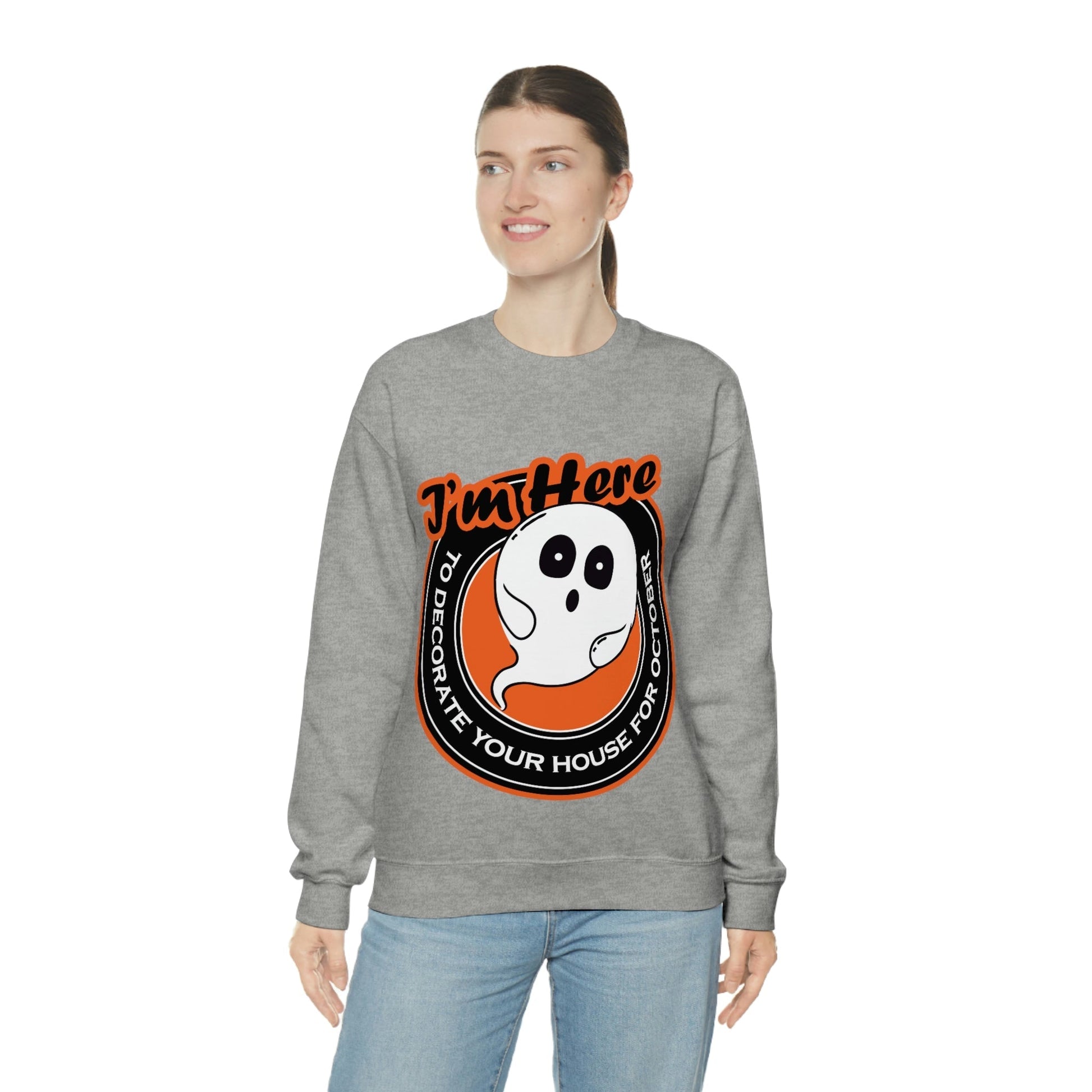 White Ghost I'm Here To Decorate Your House For October Unisex Heavy Blend™ Crewneck Sweatshirt Ichaku [Perfect Gifts Selection]