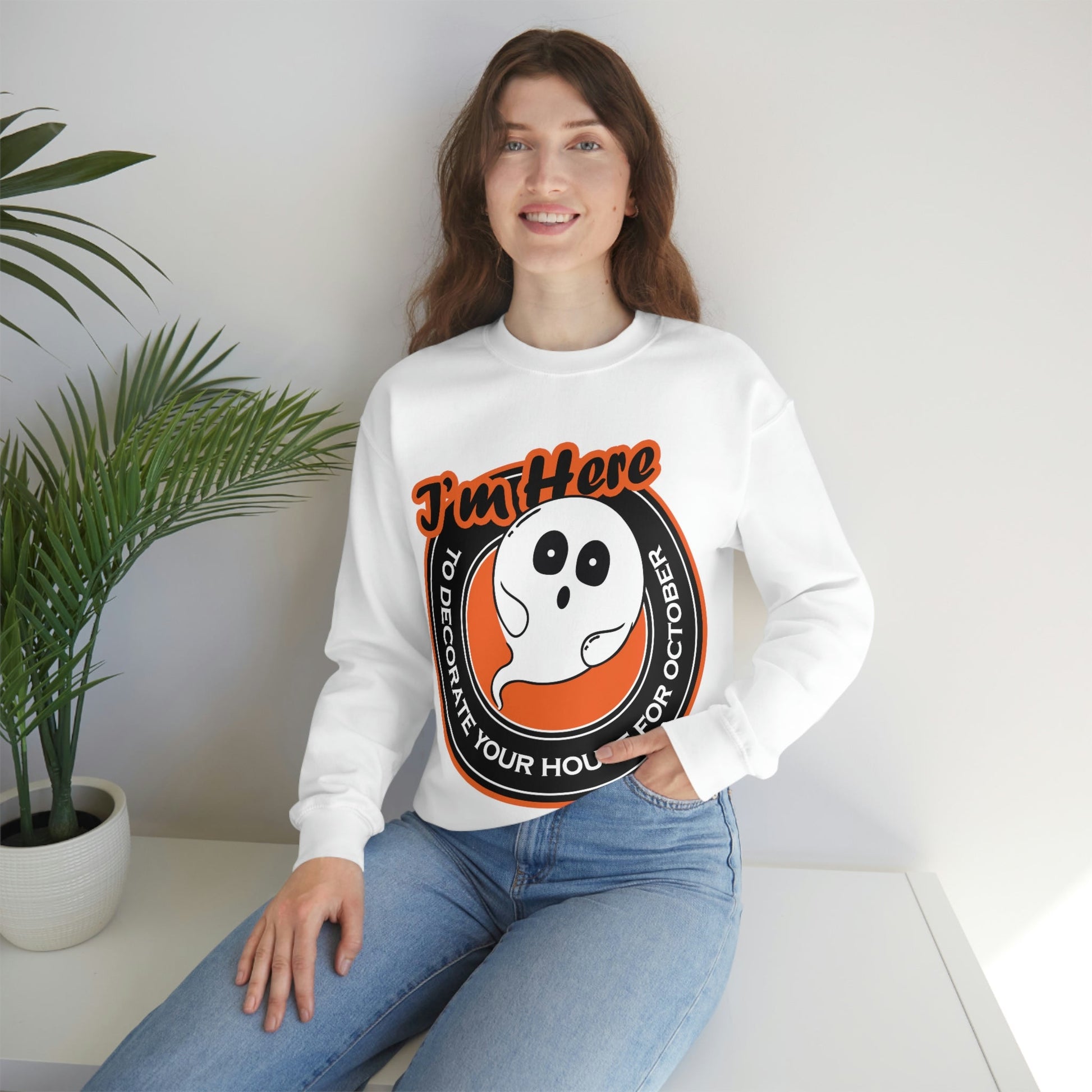 White Ghost I'm Here To Decorate Your House For October Unisex Heavy Blend™ Crewneck Sweatshirt Ichaku [Perfect Gifts Selection]