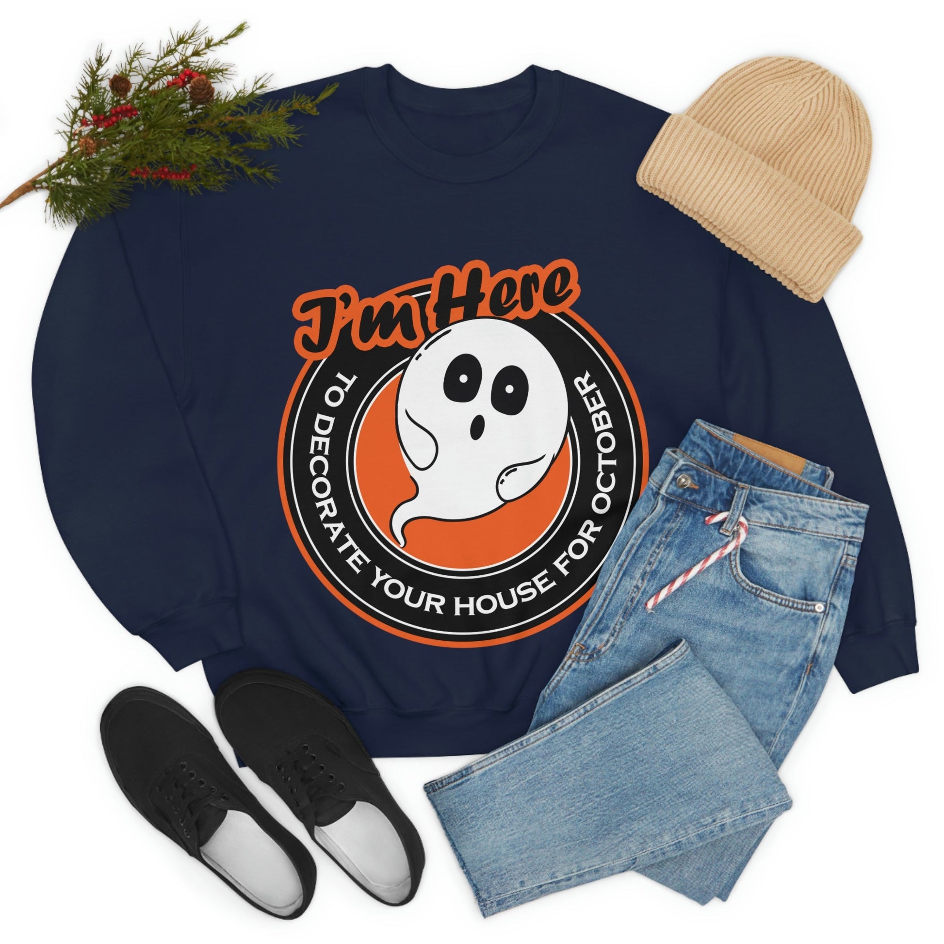 White Ghost I'm Here To Decorate Your House For October Unisex Heavy Blend™ Crewneck Sweatshirt Ichaku [Perfect Gifts Selection]