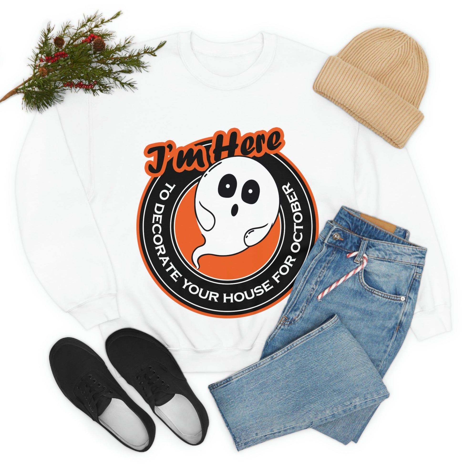 White Ghost I'm Here To Decorate Your House For October Unisex Heavy Blend™ Crewneck Sweatshirt Ichaku [Perfect Gifts Selection]