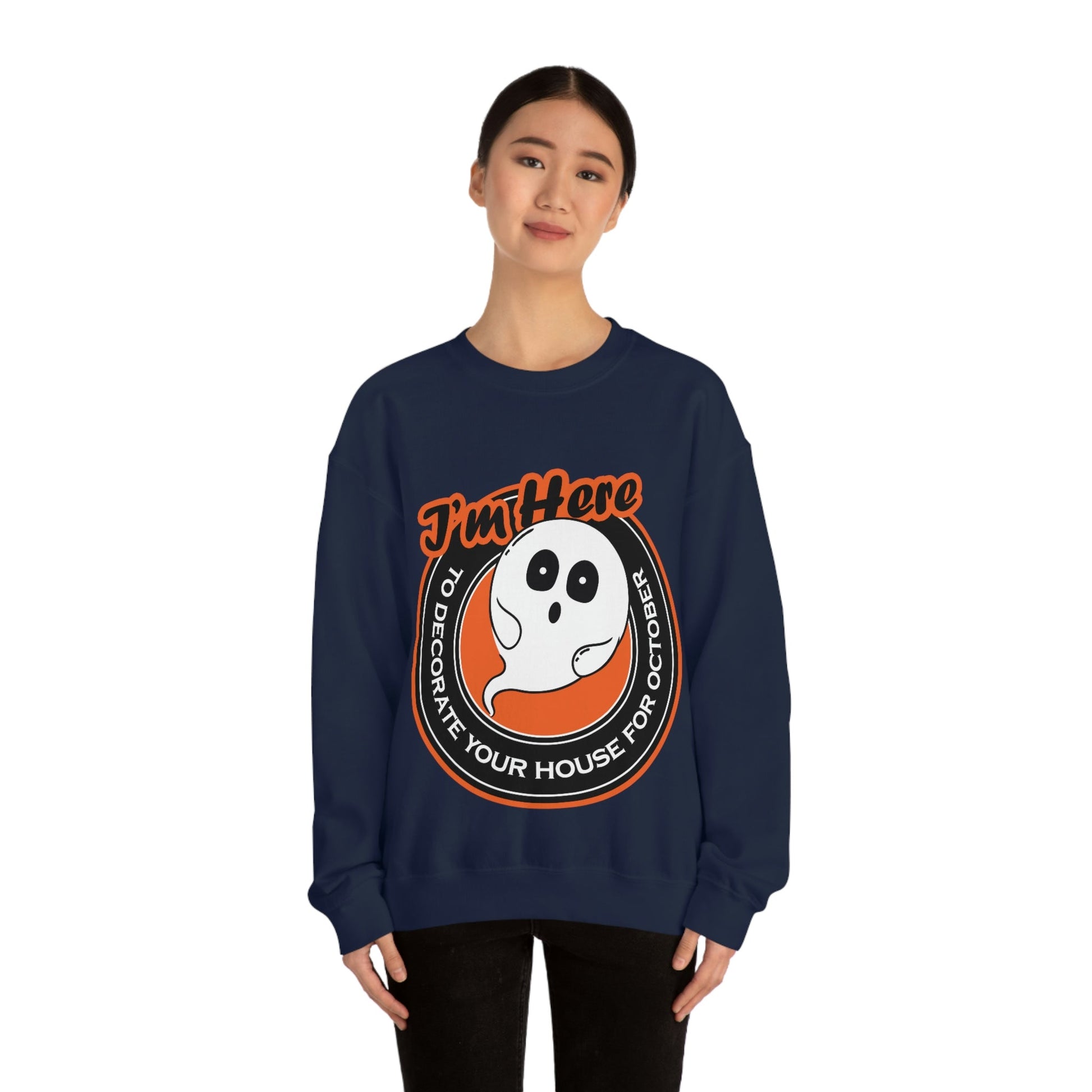 White Ghost I'm Here To Decorate Your House For October Unisex Heavy Blend™ Crewneck Sweatshirt Ichaku [Perfect Gifts Selection]