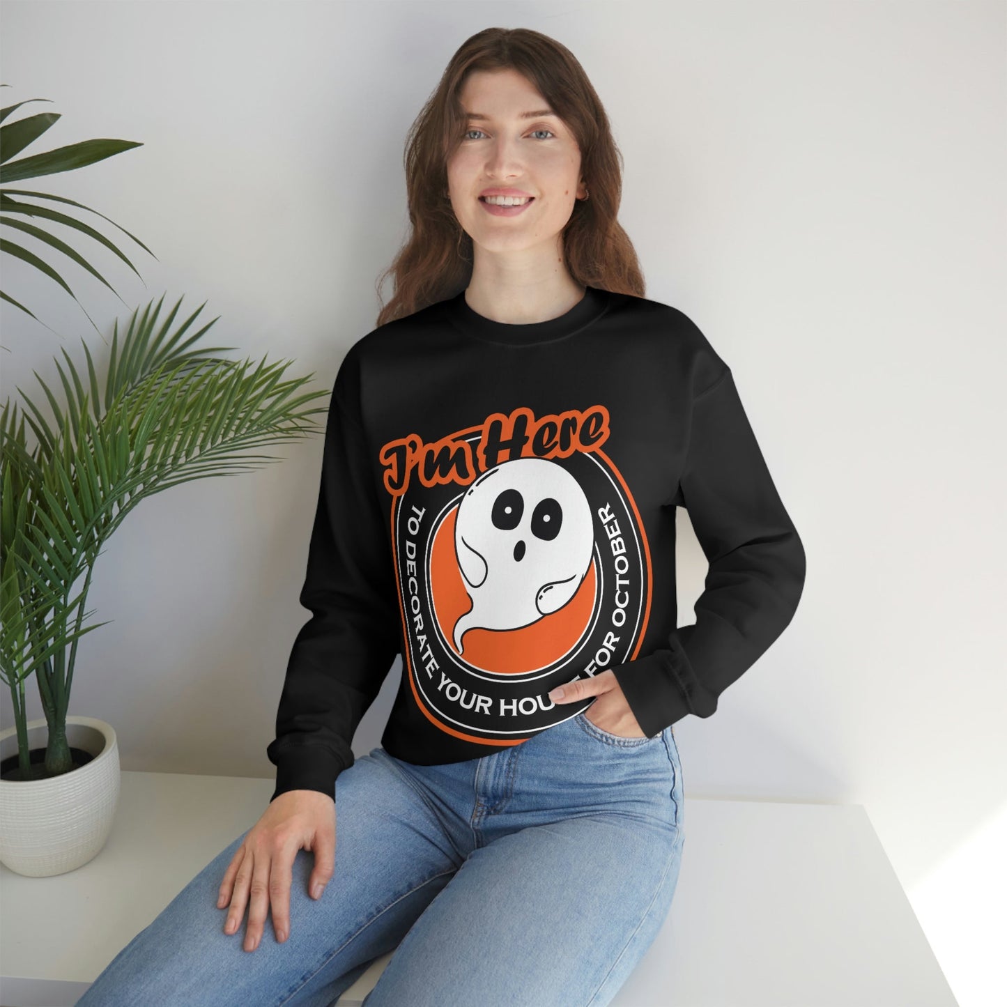 White Ghost I'm Here To Decorate Your House For October Unisex Heavy Blend™ Crewneck Sweatshirt Ichaku [Perfect Gifts Selection]