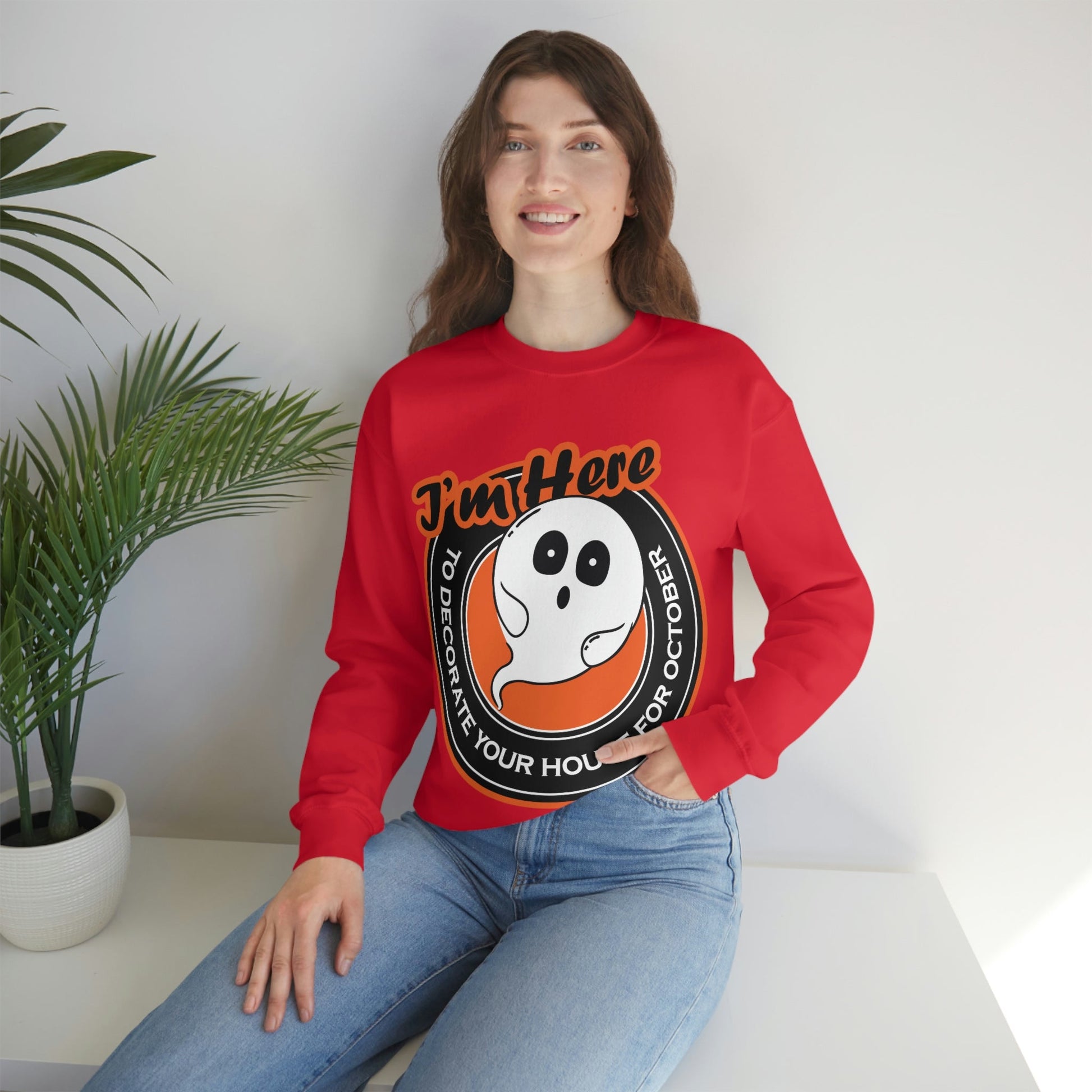 White Ghost I'm Here To Decorate Your House For October Unisex Heavy Blend™ Crewneck Sweatshirt Ichaku [Perfect Gifts Selection]