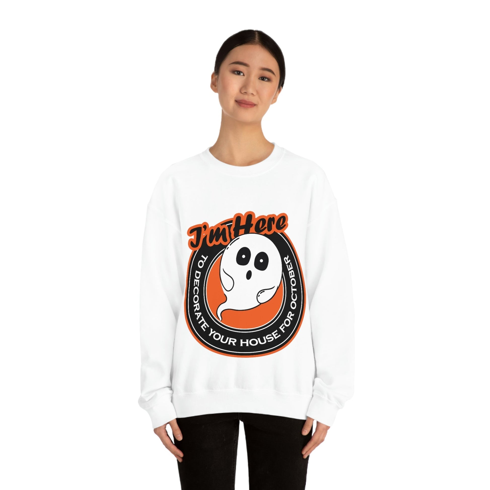 White Ghost I'm Here To Decorate Your House For October Unisex Heavy Blend™ Crewneck Sweatshirt Ichaku [Perfect Gifts Selection]