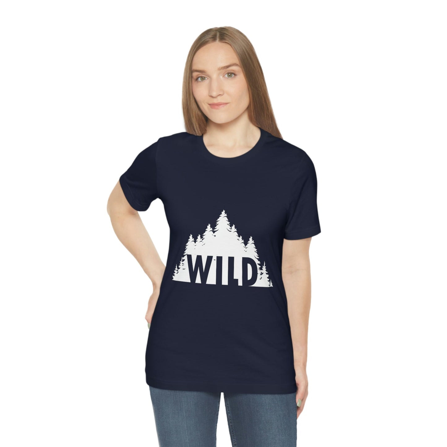 Wild Forest Silhouette Vacation Landscape Explore  White Text Unisex Jersey Short Sleeve T-Shirt Ichaku [Perfect Gifts Selection]