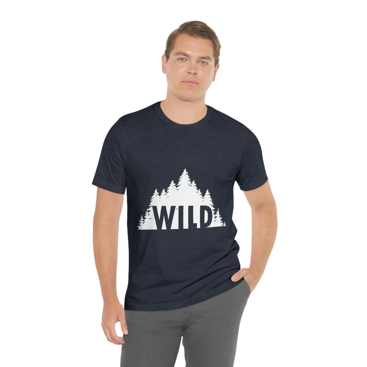 Wild Forest Silhouette Vacation Landscape Explore  White Text Unisex Jersey Short Sleeve T-Shirt Ichaku [Perfect Gifts Selection]