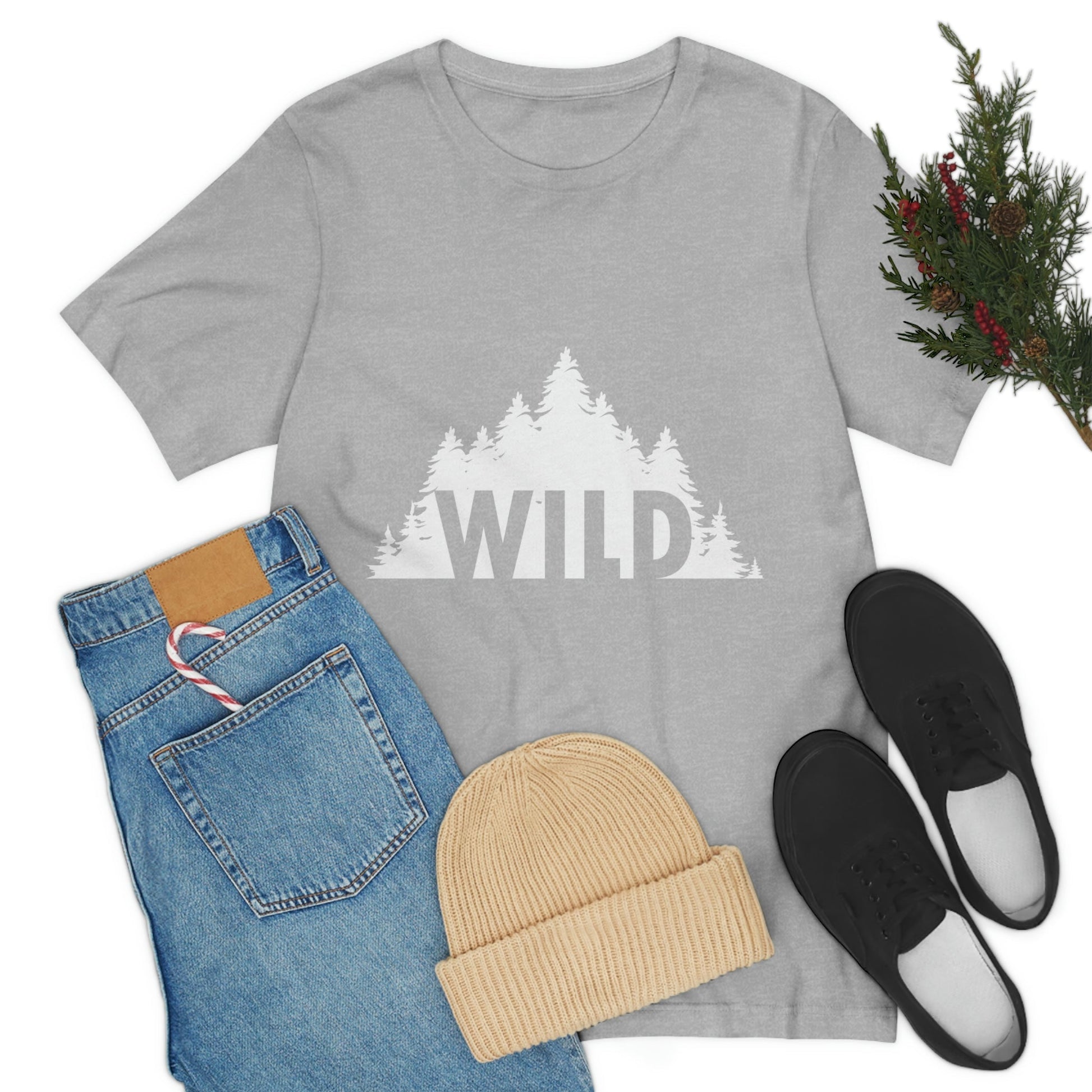 Wild Forest Silhouette Vacation Landscape Explore  White Text Unisex Jersey Short Sleeve T-Shirt Ichaku [Perfect Gifts Selection]