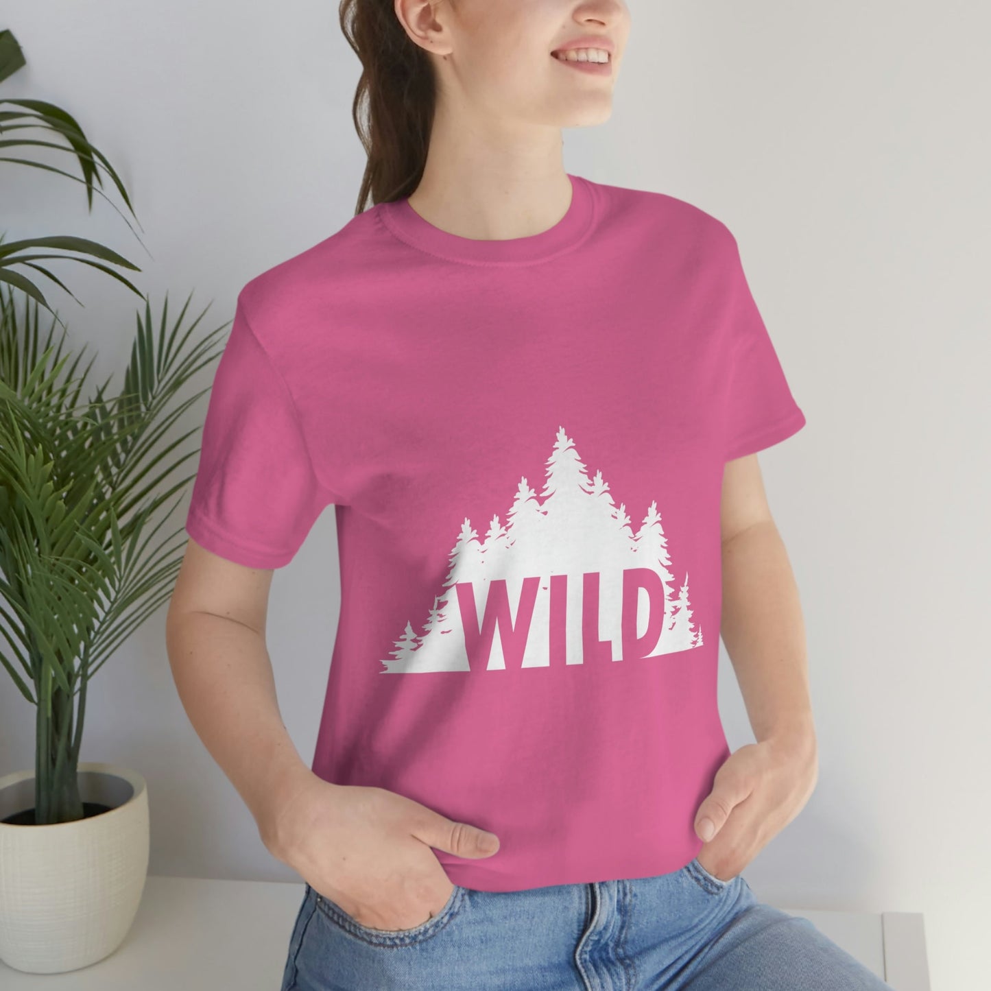 Wild Forest Silhouette Vacation Landscape Explore  White Text Unisex Jersey Short Sleeve T-Shirt Ichaku [Perfect Gifts Selection]