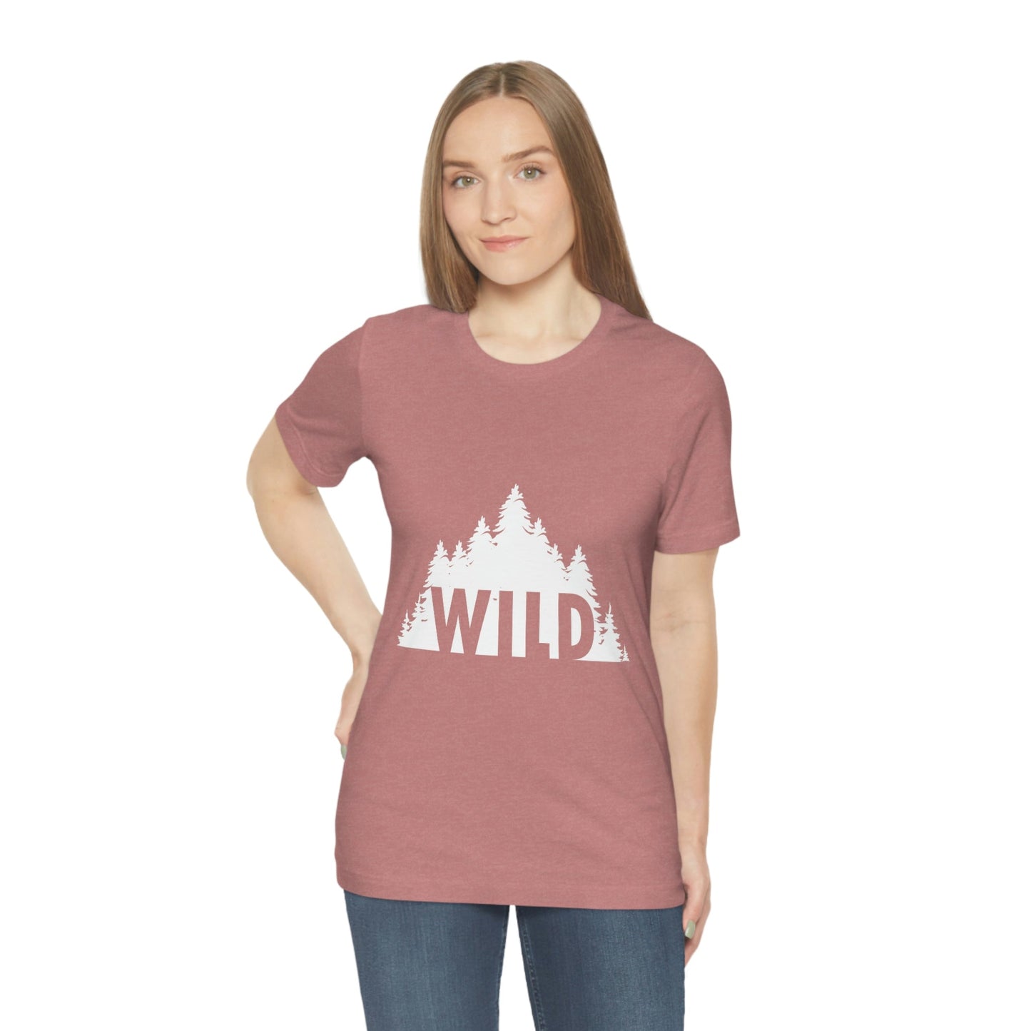 Wild Forest Silhouette Vacation Landscape Explore  White Text Unisex Jersey Short Sleeve T-Shirt Ichaku [Perfect Gifts Selection]