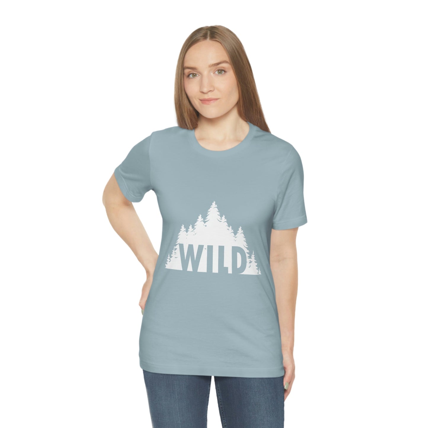 Wild Forest Silhouette Vacation Landscape Explore  White Text Unisex Jersey Short Sleeve T-Shirt Ichaku [Perfect Gifts Selection]