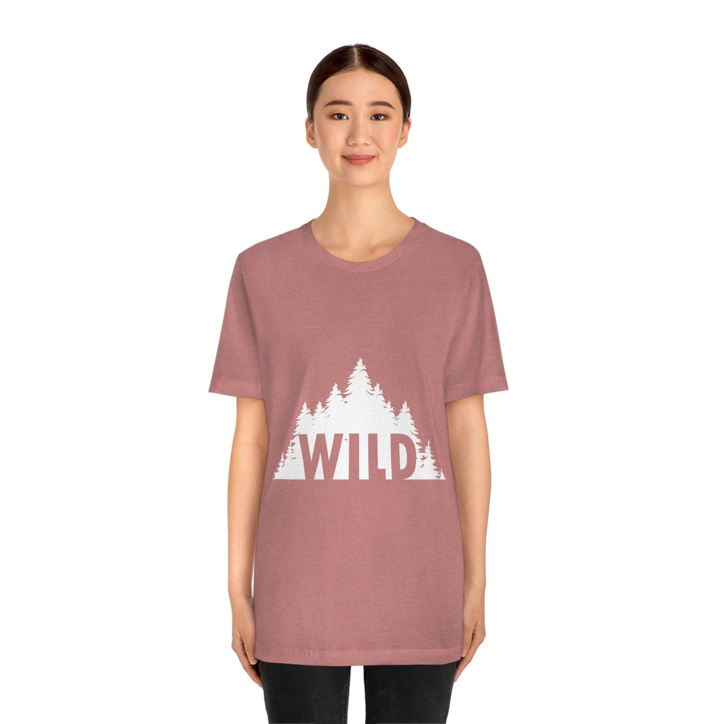 Wild Forest Silhouette Vacation Landscape Explore  White Text Unisex Jersey Short Sleeve T-Shirt Ichaku [Perfect Gifts Selection]