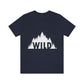 Wild Forest Silhouette Vacation Landscape Explore  White Text Unisex Jersey Short Sleeve T-Shirt Ichaku [Perfect Gifts Selection]