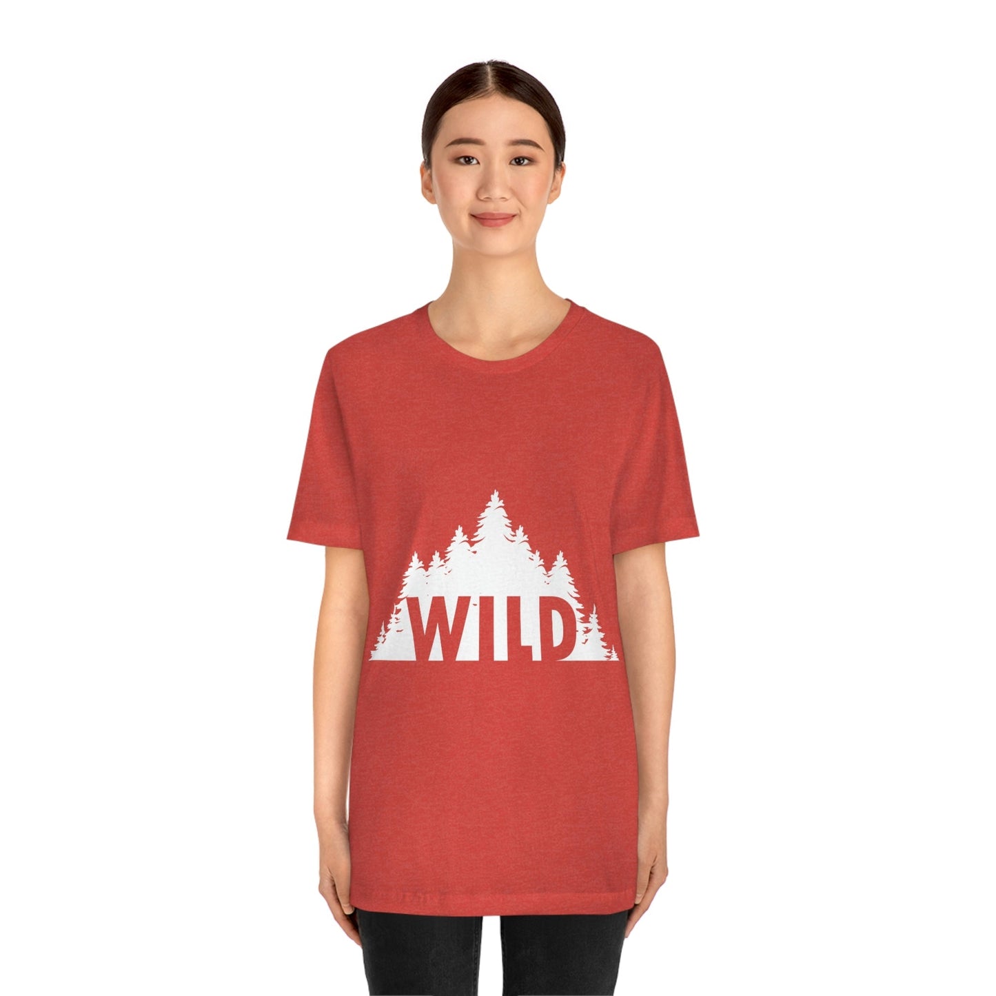 Wild Forest Silhouette Vacation Landscape Explore  White Text Unisex Jersey Short Sleeve T-Shirt Ichaku [Perfect Gifts Selection]