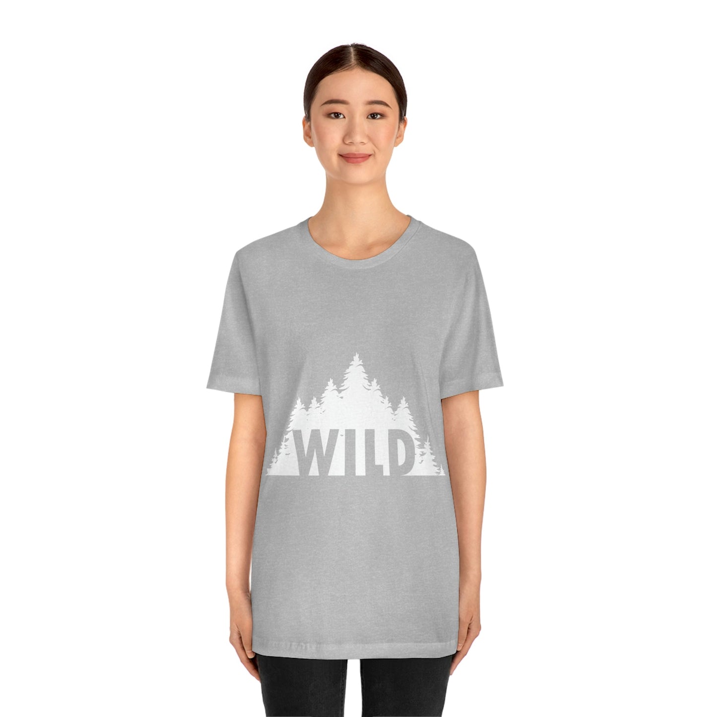 Wild Forest Silhouette Vacation Landscape Explore  White Text Unisex Jersey Short Sleeve T-Shirt Ichaku [Perfect Gifts Selection]