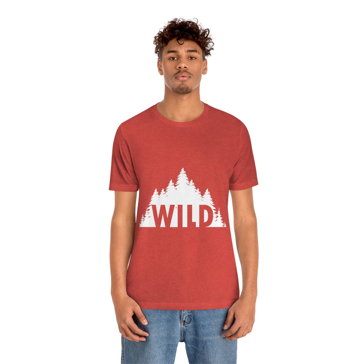 Wild Forest Silhouette Vacation Landscape Explore  White Text Unisex Jersey Short Sleeve T-Shirt Ichaku [Perfect Gifts Selection]