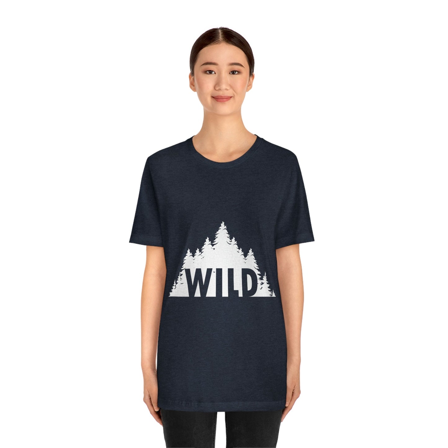 Wild Forest Silhouette Vacation Landscape Explore  White Text Unisex Jersey Short Sleeve T-Shirt Ichaku [Perfect Gifts Selection]