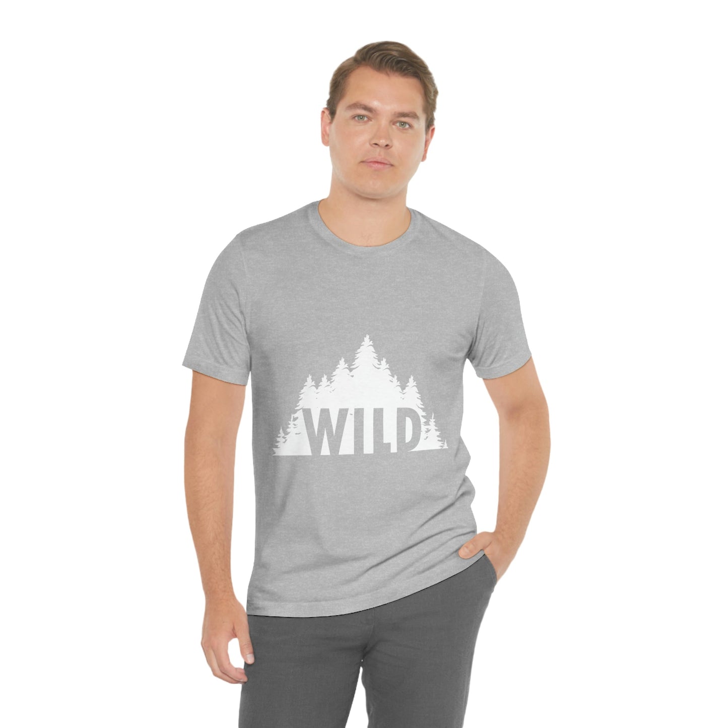 Wild Forest Silhouette Vacation Landscape Explore  White Text Unisex Jersey Short Sleeve T-Shirt Ichaku [Perfect Gifts Selection]