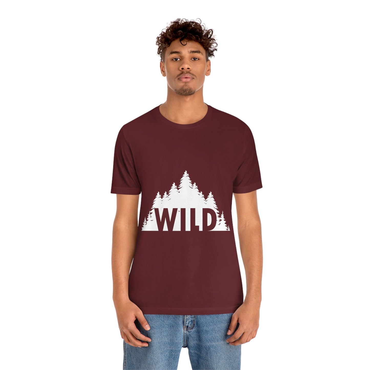 Wild Forest Silhouette Vacation Landscape Explore  White Text Unisex Jersey Short Sleeve T-Shirt Ichaku [Perfect Gifts Selection]