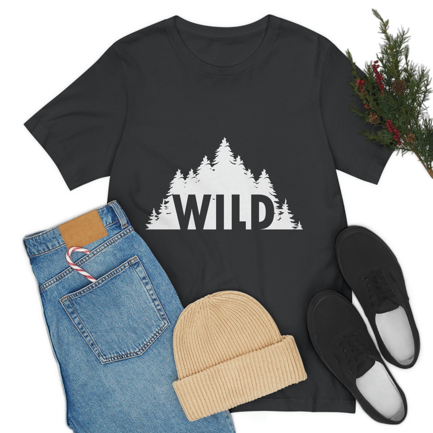 Wild Forest Silhouette Vacation Landscape Explore  White Text Unisex Jersey Short Sleeve T-Shirt Ichaku [Perfect Gifts Selection]