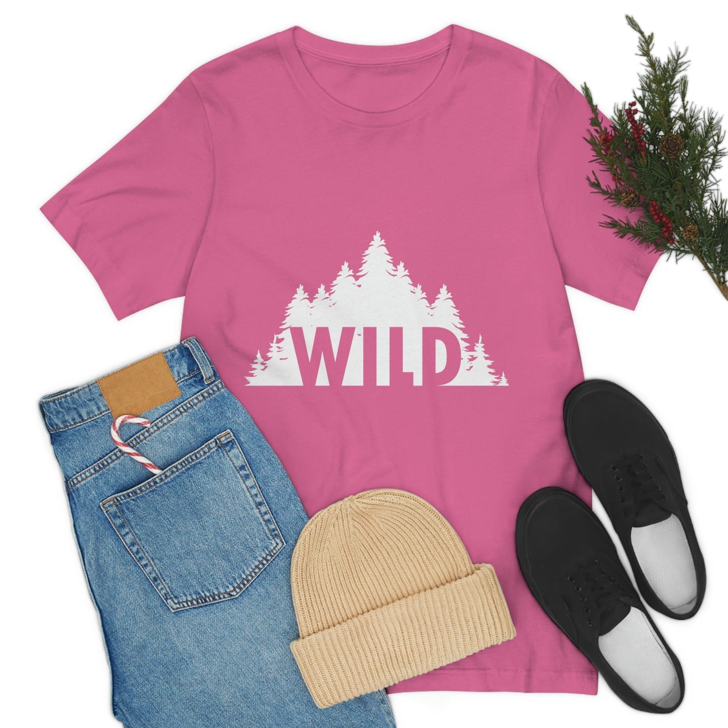 Wild Forest Silhouette Vacation Landscape Explore  White Text Unisex Jersey Short Sleeve T-Shirt Ichaku [Perfect Gifts Selection]