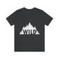 Wild Forest Silhouette Vacation Landscape Explore  White Text Unisex Jersey Short Sleeve T-Shirt Ichaku [Perfect Gifts Selection]