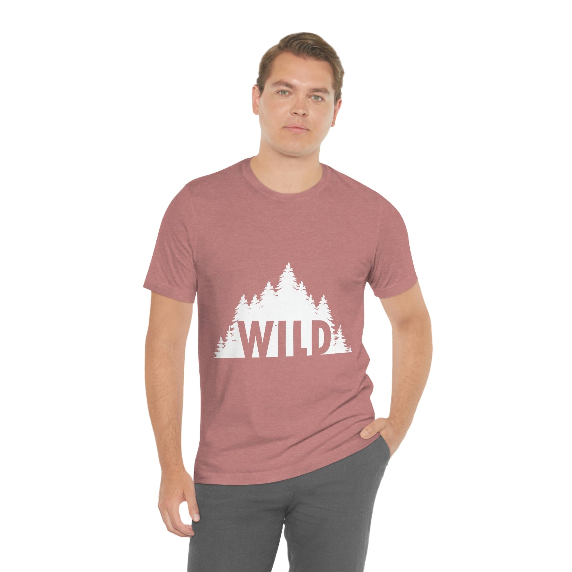 Wild Forest Silhouette Vacation Landscape Explore  White Text Unisex Jersey Short Sleeve T-Shirt Ichaku [Perfect Gifts Selection]