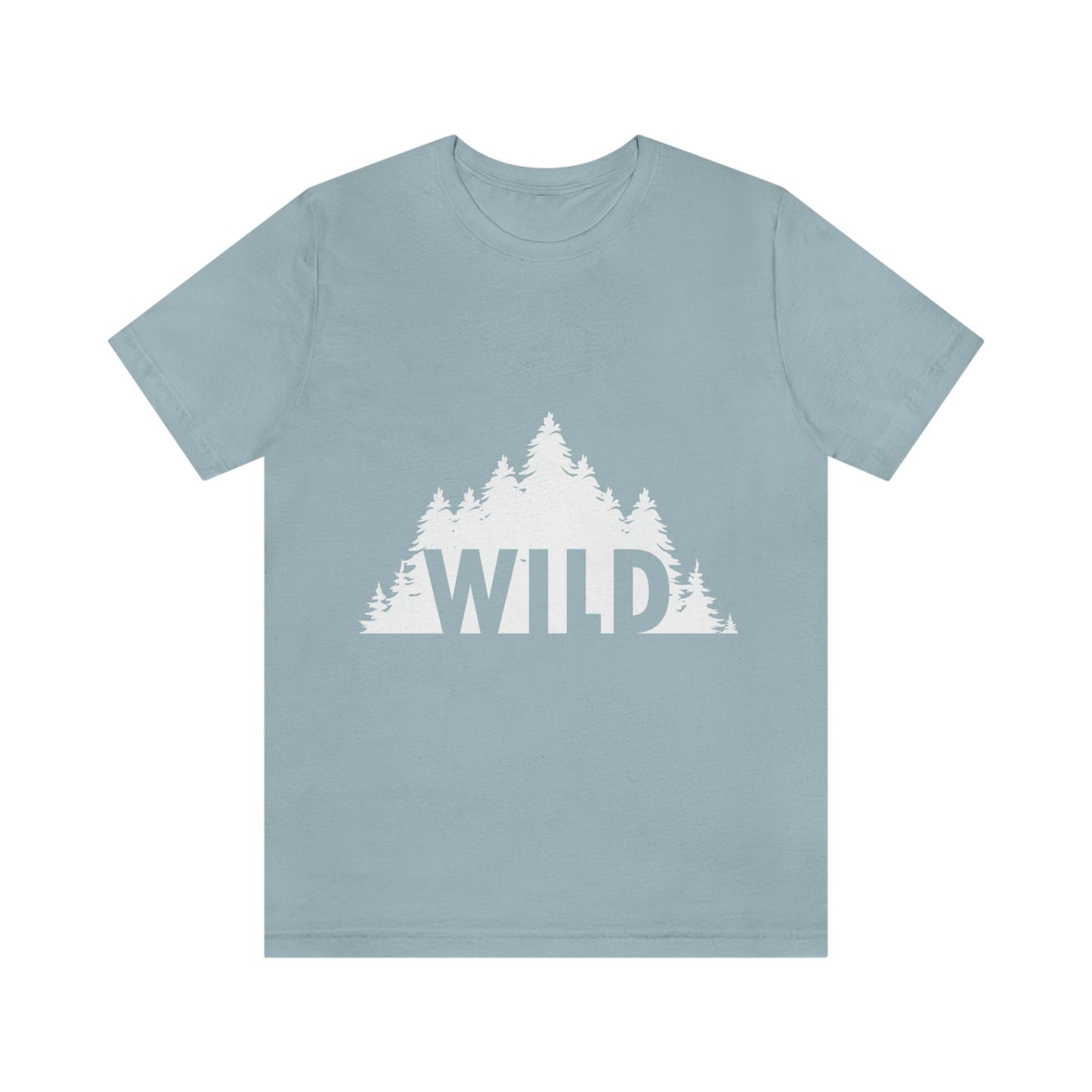 Wild Forest Silhouette Vacation Landscape Explore  White Text Unisex Jersey Short Sleeve T-Shirt Ichaku [Perfect Gifts Selection]