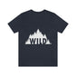 Wild Forest Silhouette Vacation Landscape Explore  White Text Unisex Jersey Short Sleeve T-Shirt Ichaku [Perfect Gifts Selection]