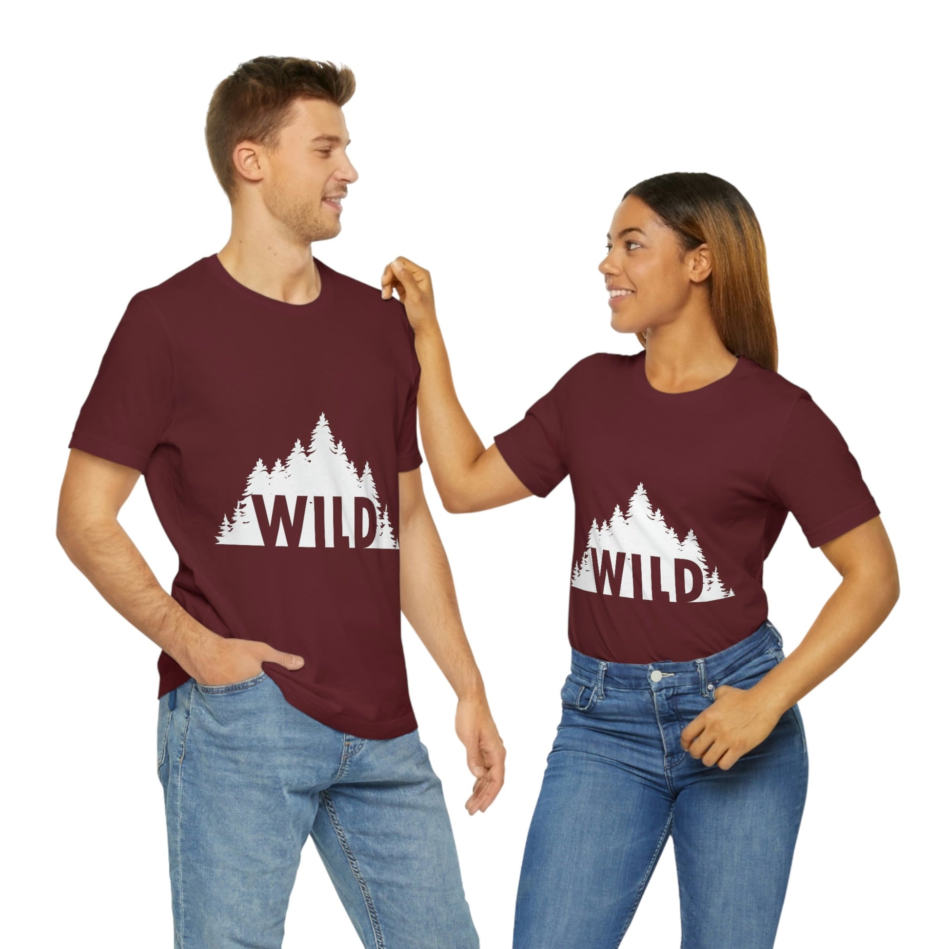 Wild Forest Silhouette Vacation Landscape Explore  White Text Unisex Jersey Short Sleeve T-Shirt Ichaku [Perfect Gifts Selection]