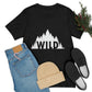 Wild Forest Silhouette Vacation Landscape Explore  White Text Unisex Jersey Short Sleeve T-Shirt Ichaku [Perfect Gifts Selection]