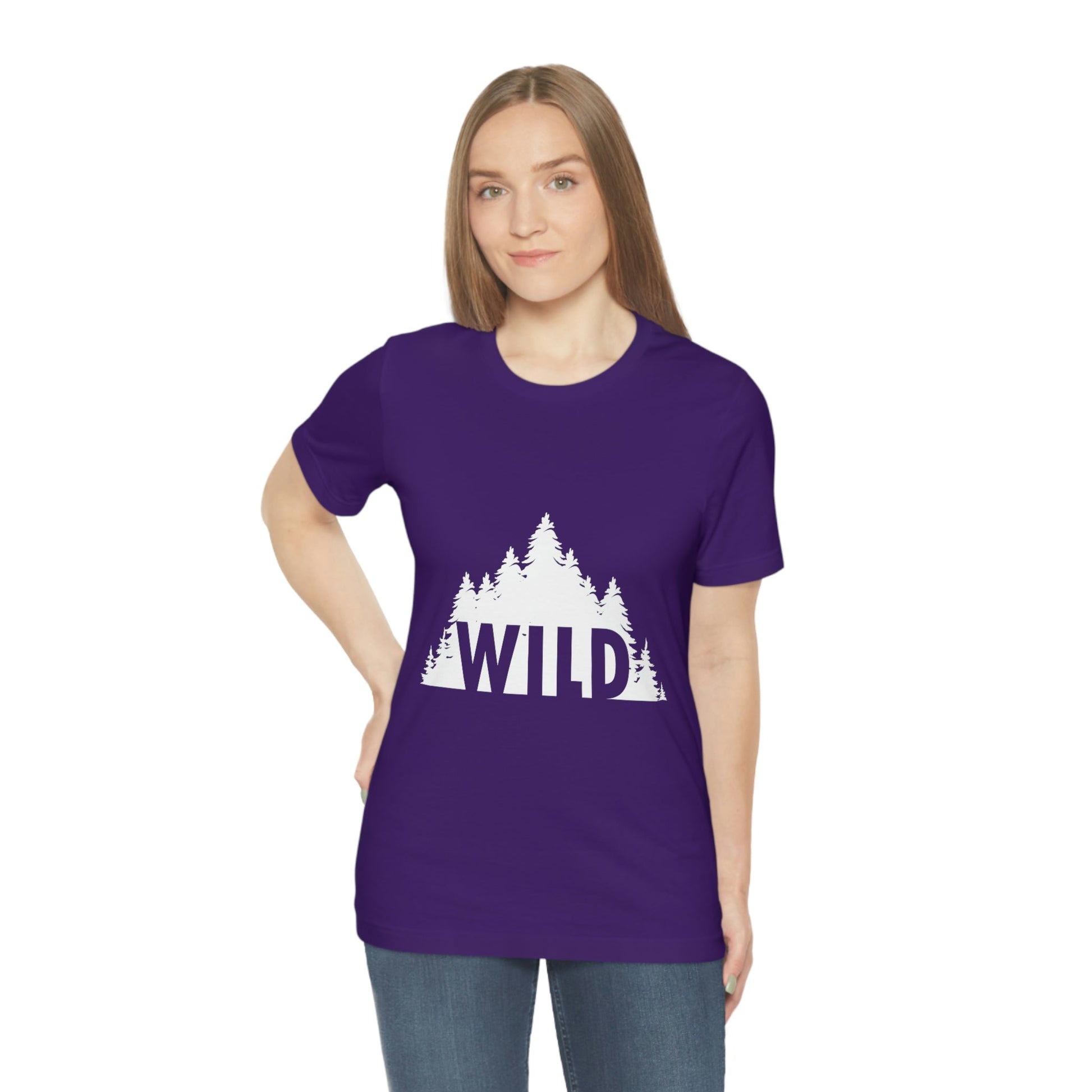 Wild Forest Silhouette Vacation Landscape Explore  White Text Unisex Jersey Short Sleeve T-Shirt Ichaku [Perfect Gifts Selection]