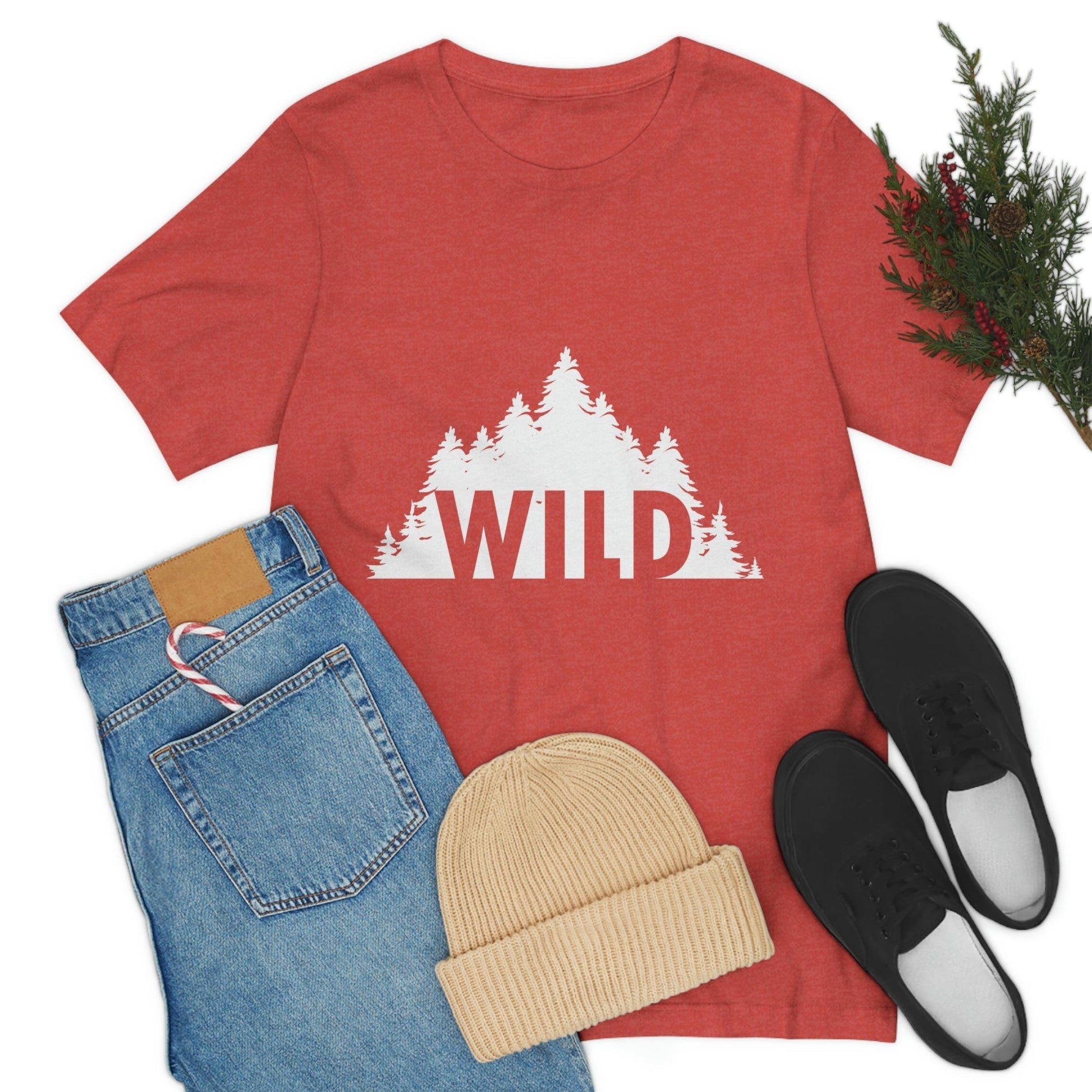 Wild Forest Silhouette Vacation Landscape Explore  White Text Unisex Jersey Short Sleeve T-Shirt Ichaku [Perfect Gifts Selection]