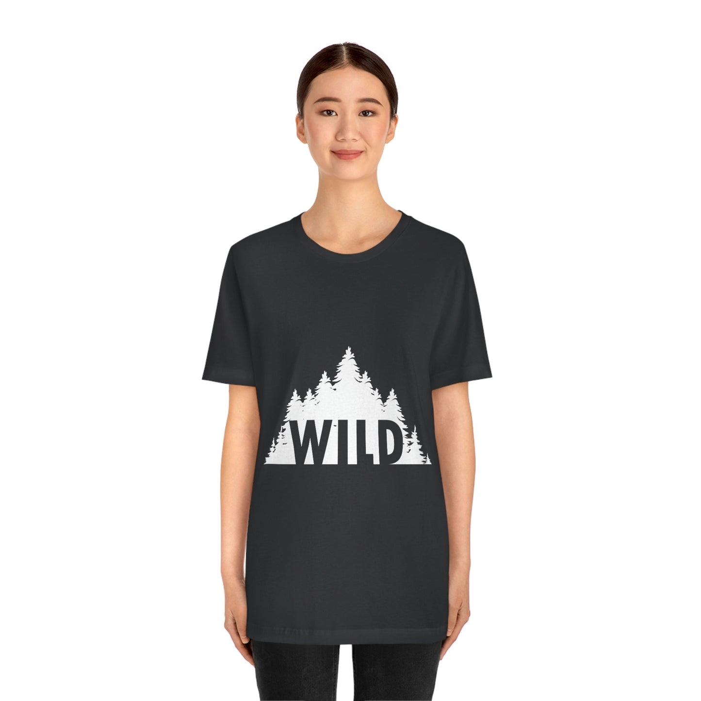 Wild Forest Silhouette Vacation Landscape Explore  White Text Unisex Jersey Short Sleeve T-Shirt Ichaku [Perfect Gifts Selection]