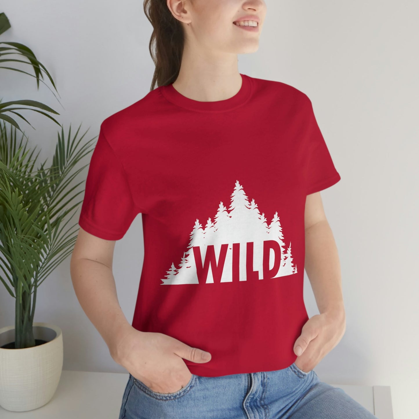 Wild Forest Silhouette Vacation Landscape Explore  White Text Unisex Jersey Short Sleeve T-Shirt Ichaku [Perfect Gifts Selection]