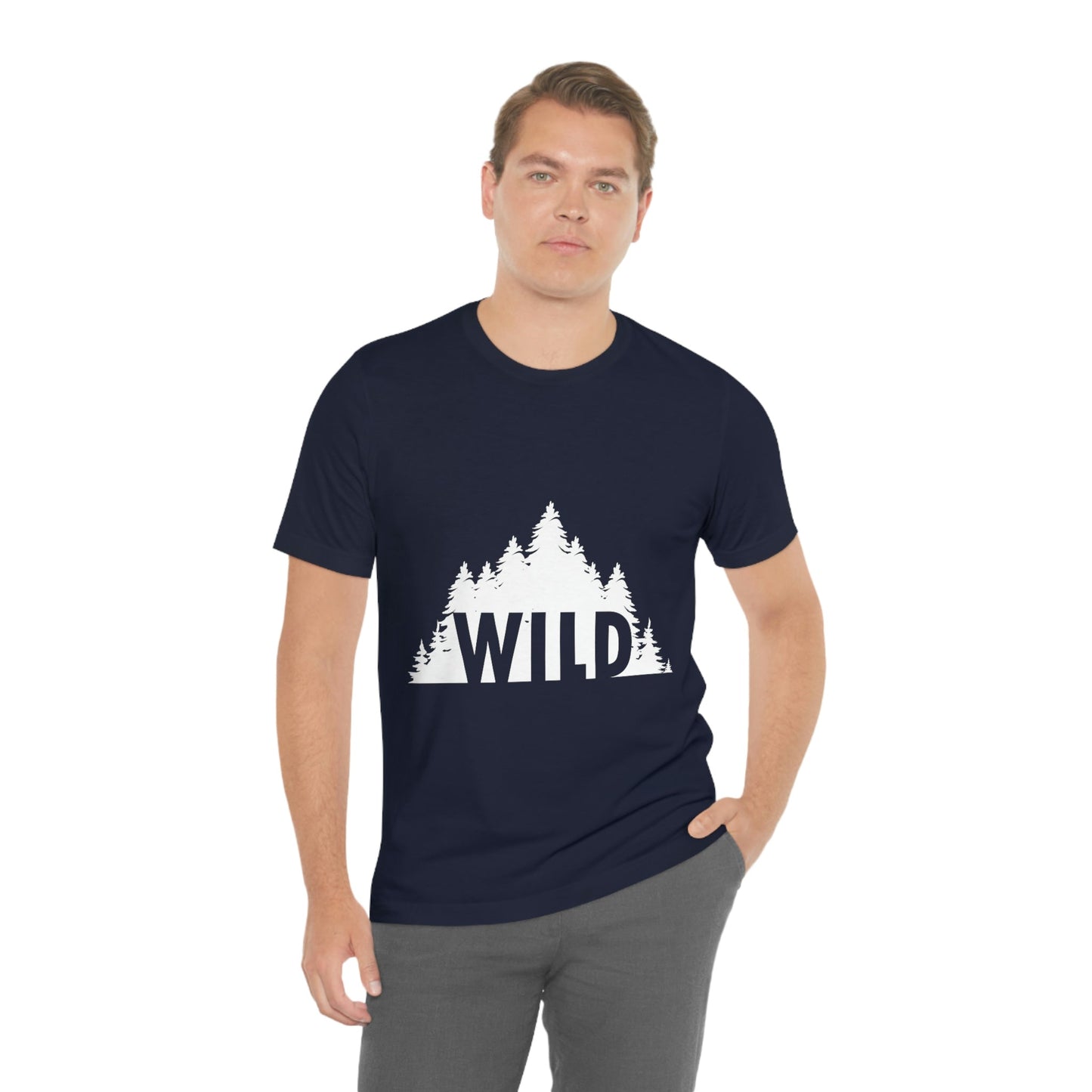 Wild Forest Silhouette Vacation Landscape Explore  White Text Unisex Jersey Short Sleeve T-Shirt Ichaku [Perfect Gifts Selection]