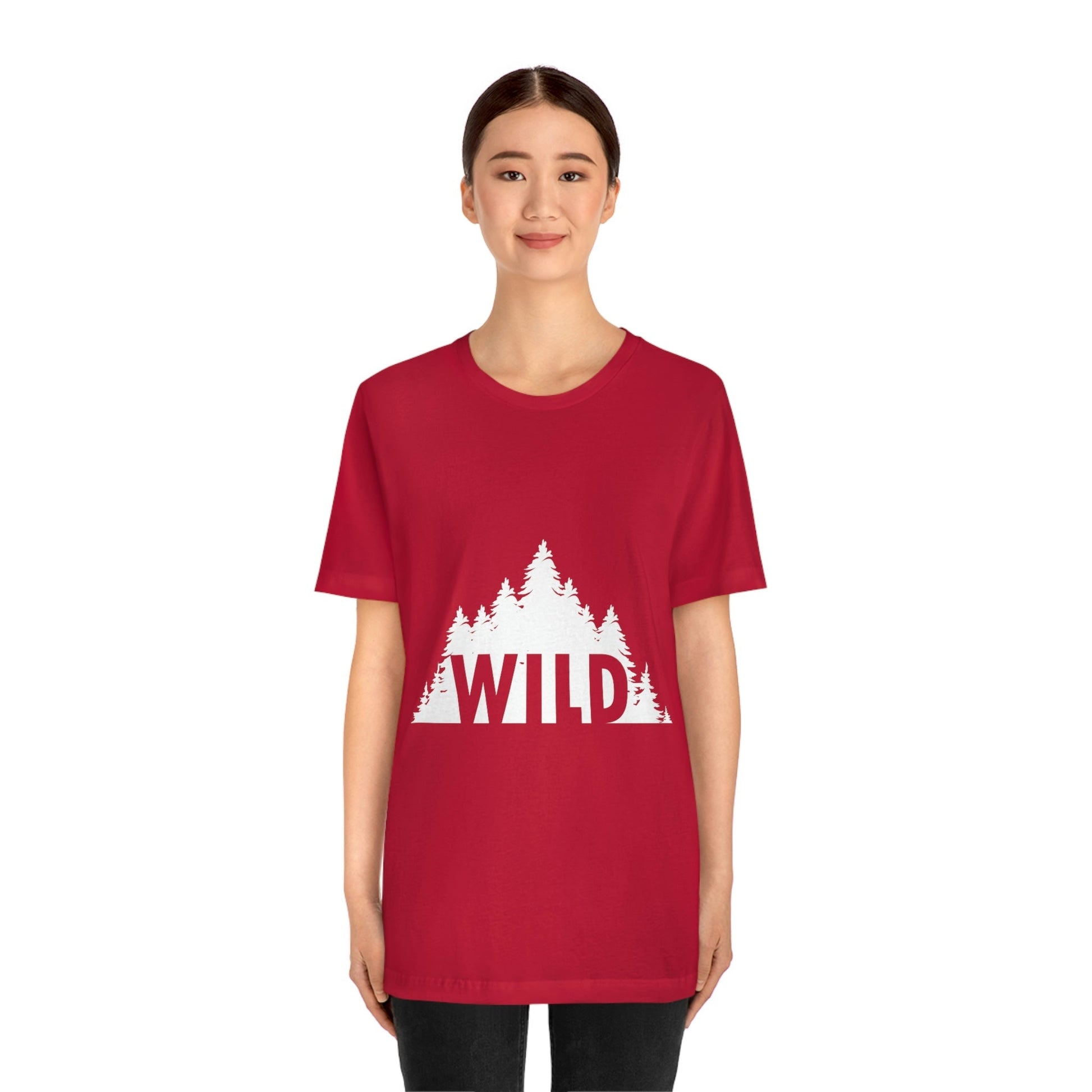 Wild Forest Silhouette Vacation Landscape Explore  White Text Unisex Jersey Short Sleeve T-Shirt Ichaku [Perfect Gifts Selection]