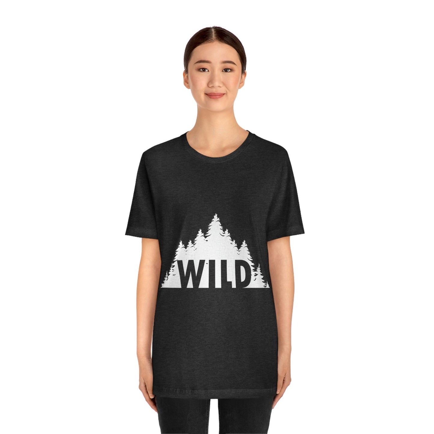 Wild Forest Silhouette Vacation Landscape Explore  White Text Unisex Jersey Short Sleeve T-Shirt Ichaku [Perfect Gifts Selection]