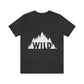 Wild Forest Silhouette Vacation Landscape Explore  White Text Unisex Jersey Short Sleeve T-Shirt Ichaku [Perfect Gifts Selection]