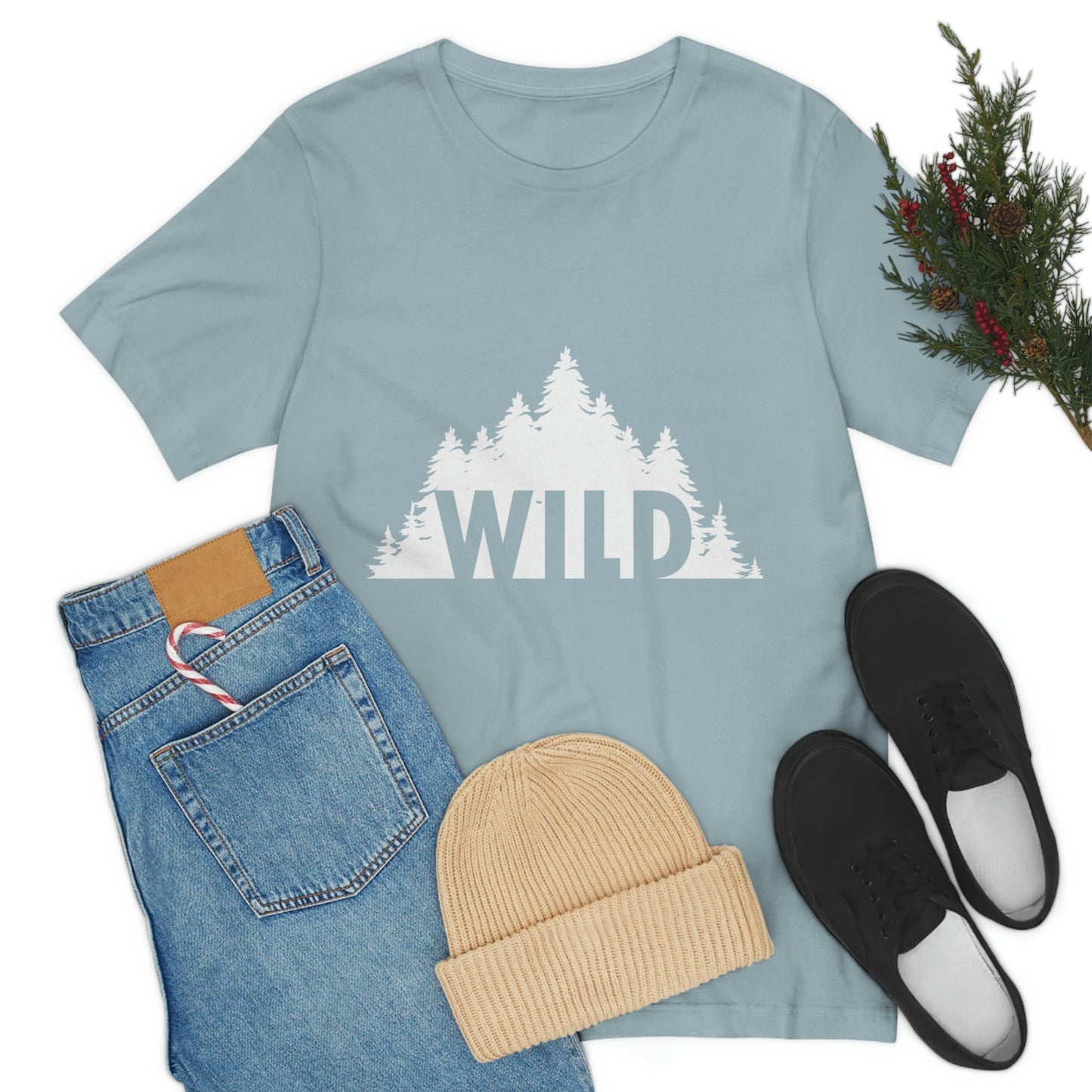 Wild Forest Silhouette Vacation Landscape Explore  White Text Unisex Jersey Short Sleeve T-Shirt Ichaku [Perfect Gifts Selection]