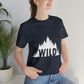 Wild Forest Silhouette Vacation Landscape Explore  White Text Unisex Jersey Short Sleeve T-Shirt Ichaku [Perfect Gifts Selection]