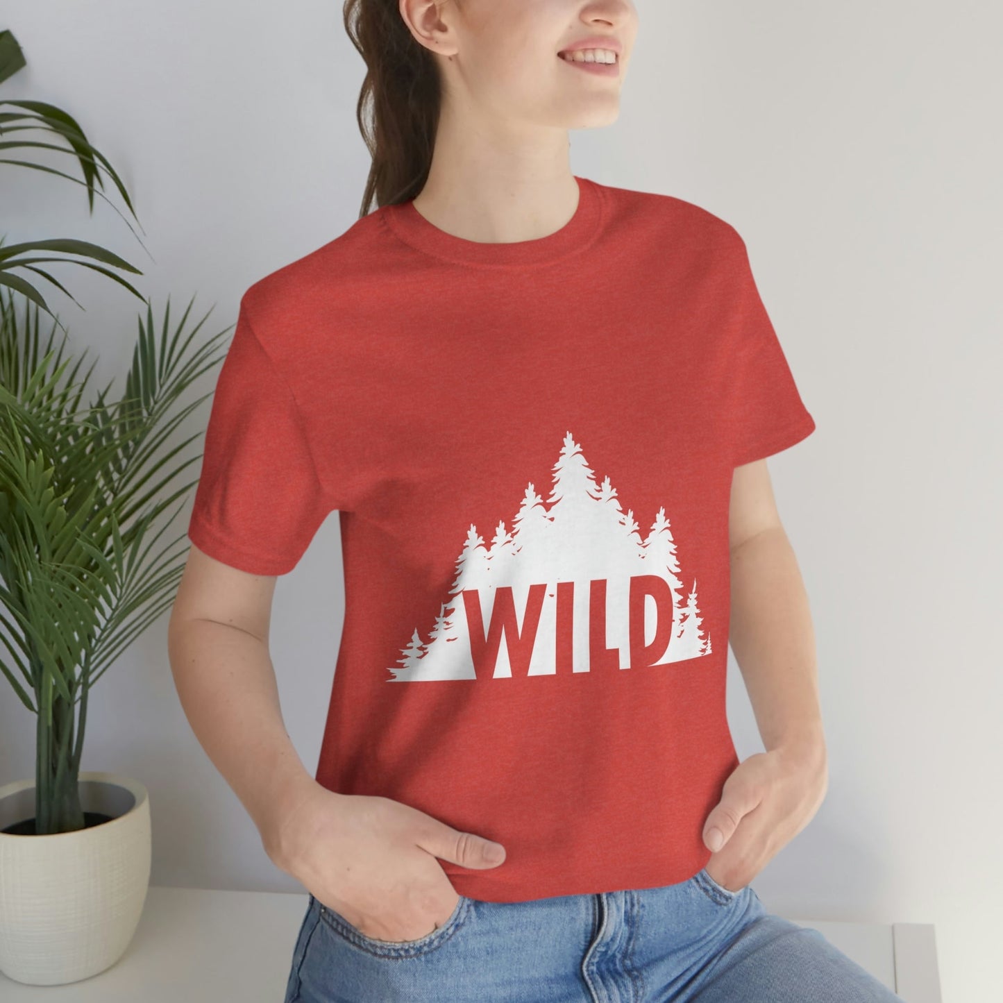 Wild Forest Silhouette Vacation Landscape Explore  White Text Unisex Jersey Short Sleeve T-Shirt Ichaku [Perfect Gifts Selection]