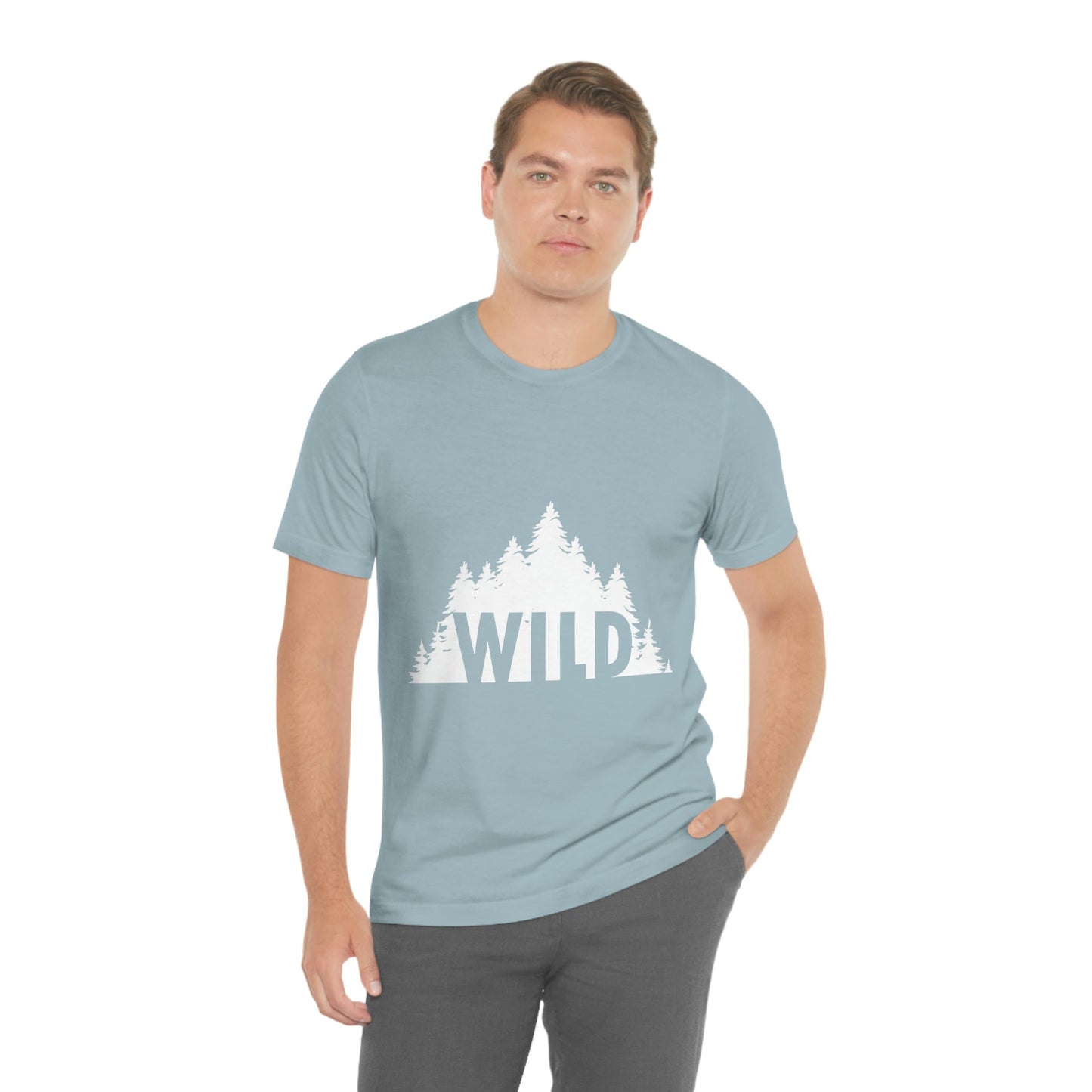 Wild Forest Silhouette Vacation Landscape Explore  White Text Unisex Jersey Short Sleeve T-Shirt Ichaku [Perfect Gifts Selection]