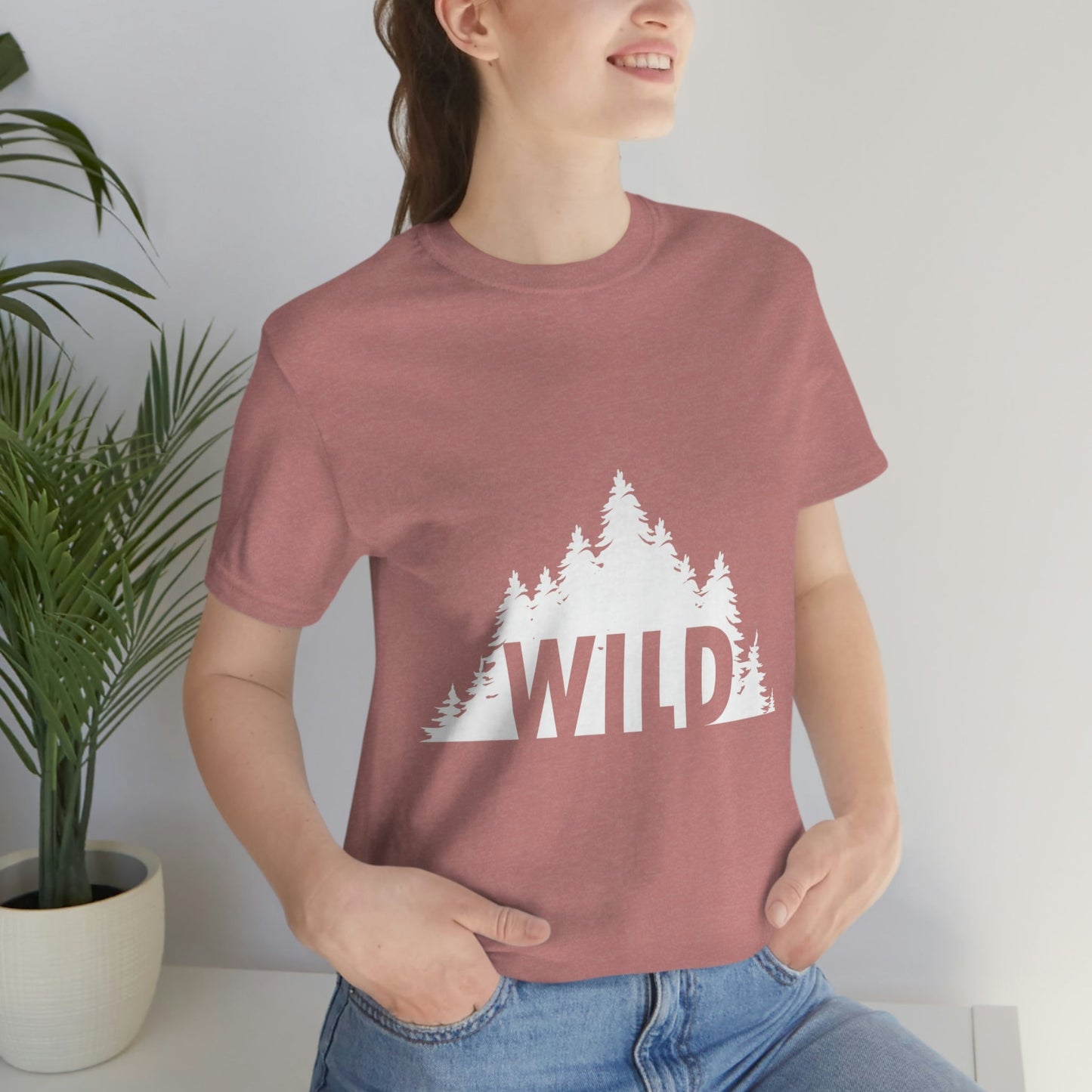 Wild Forest Silhouette Vacation Landscape Explore  White Text Unisex Jersey Short Sleeve T-Shirt Ichaku [Perfect Gifts Selection]