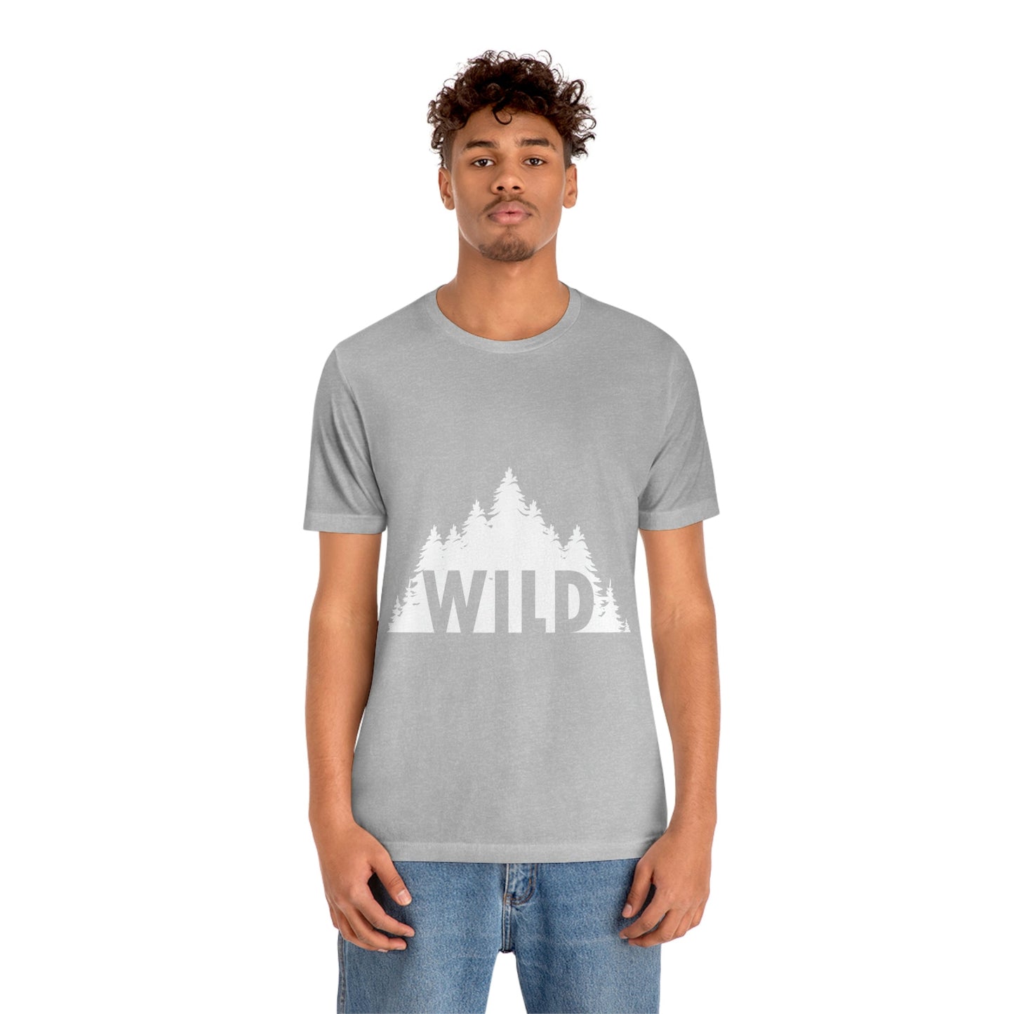 Wild Forest Silhouette Vacation Landscape Explore  White Text Unisex Jersey Short Sleeve T-Shirt Ichaku [Perfect Gifts Selection]