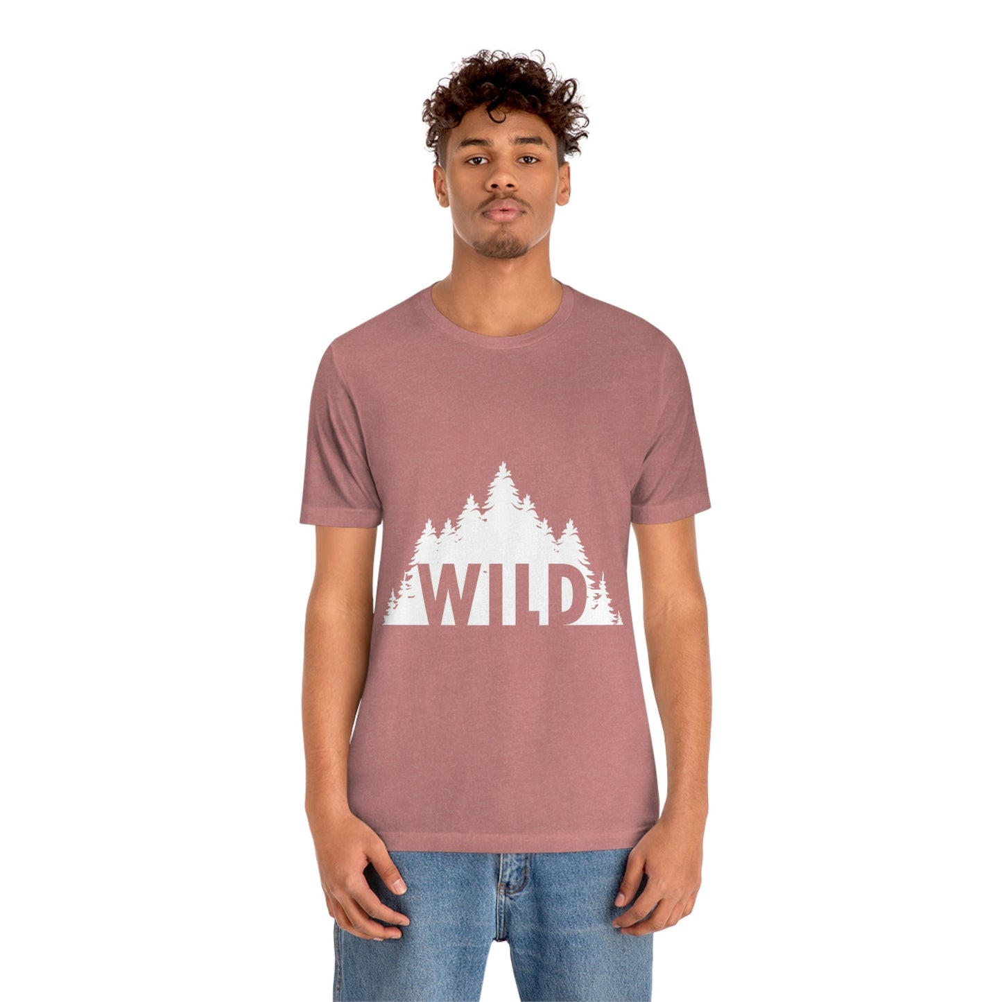 Wild Forest Silhouette Vacation Landscape Explore  White Text Unisex Jersey Short Sleeve T-Shirt Ichaku [Perfect Gifts Selection]